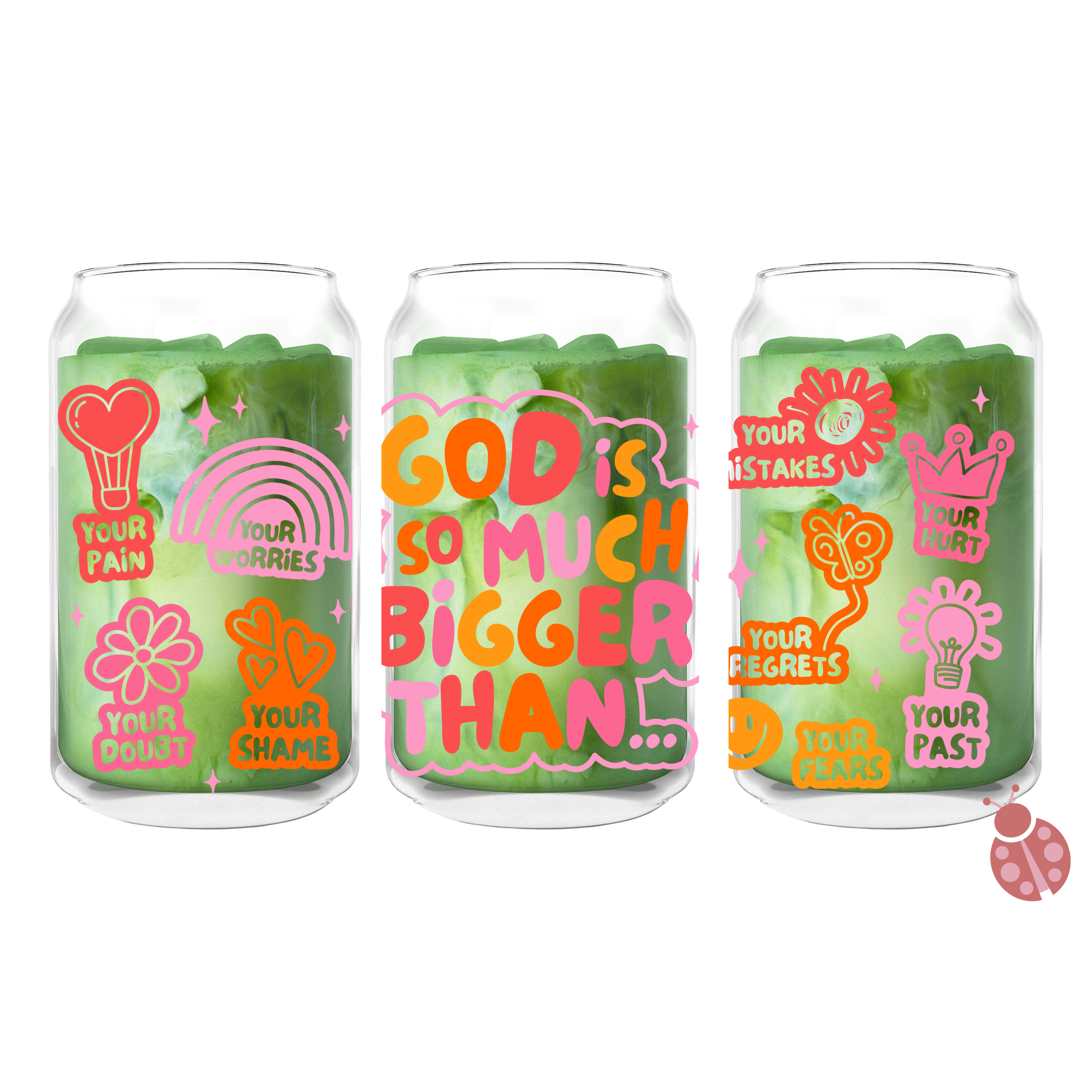 Faith-inspired 16oz glass cup with colorful hand-drawn Bible verses and doodles, featuring a bamboo lid and glass straw.