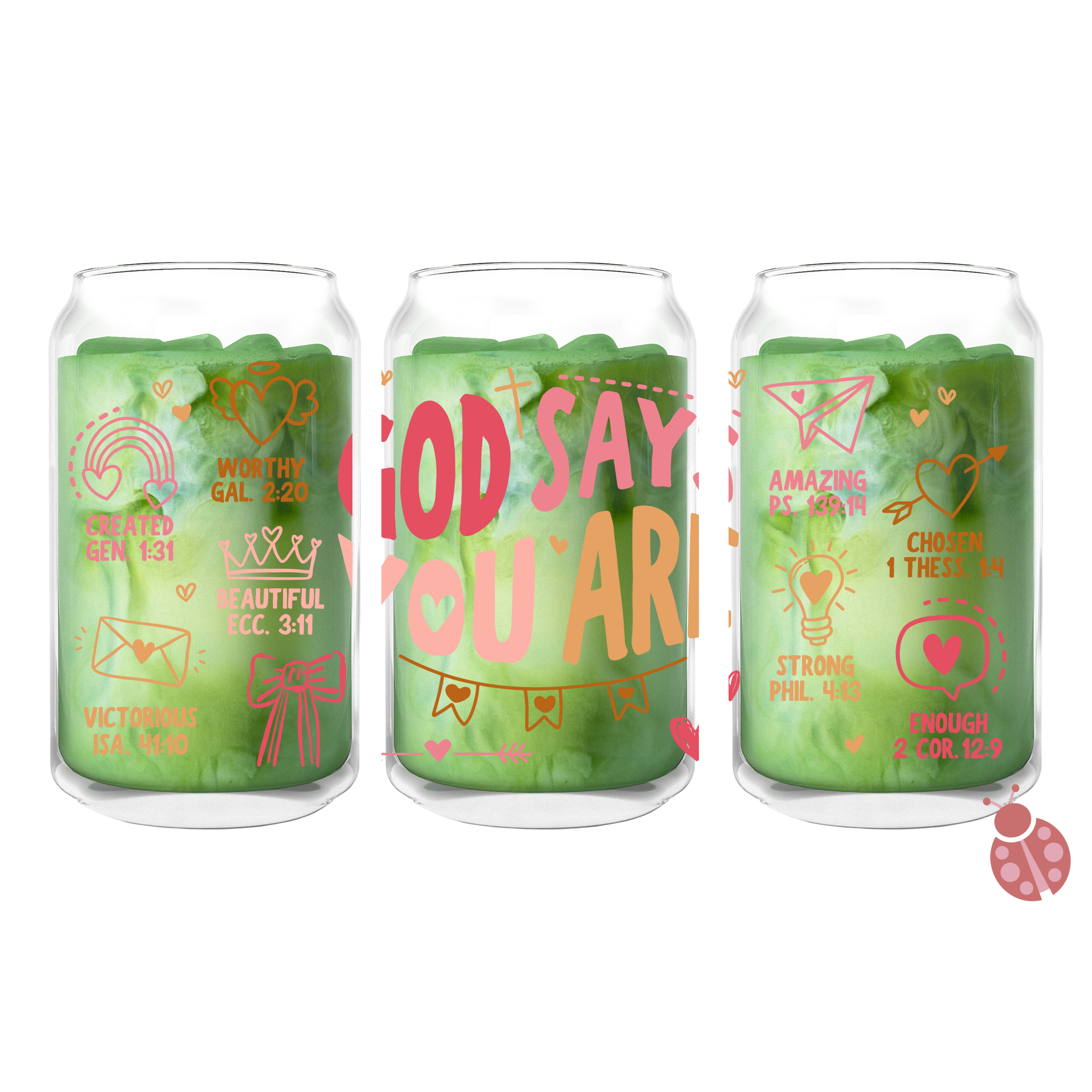 Faith-inspired 16oz glass cup with colorful hand-drawn Bible verses and doodles, featuring a bamboo lid and glass straw.