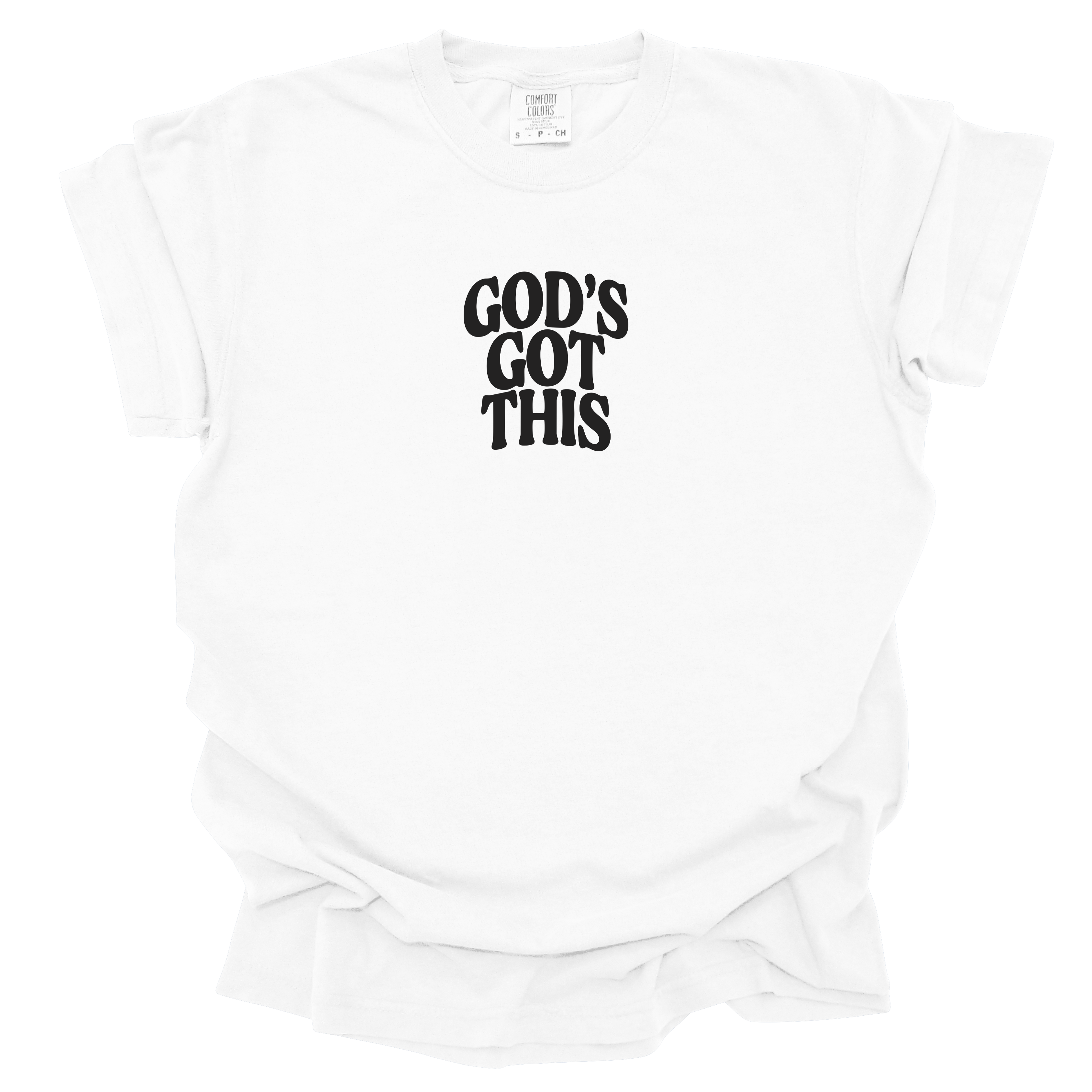 God’s Got This Tee in Black and White featuring bold front text and Joshua 1:9 on the back with doves. Oversized, unisex fit on a soft, pre-shrunk cotton tee.
