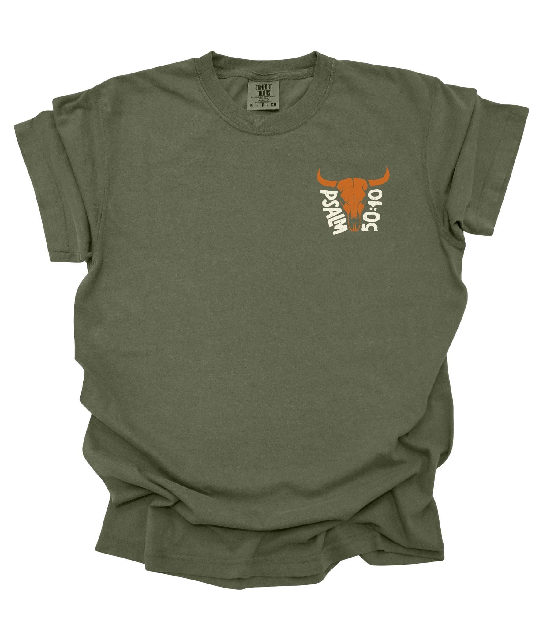 Green t-shirt with a logo on a white background