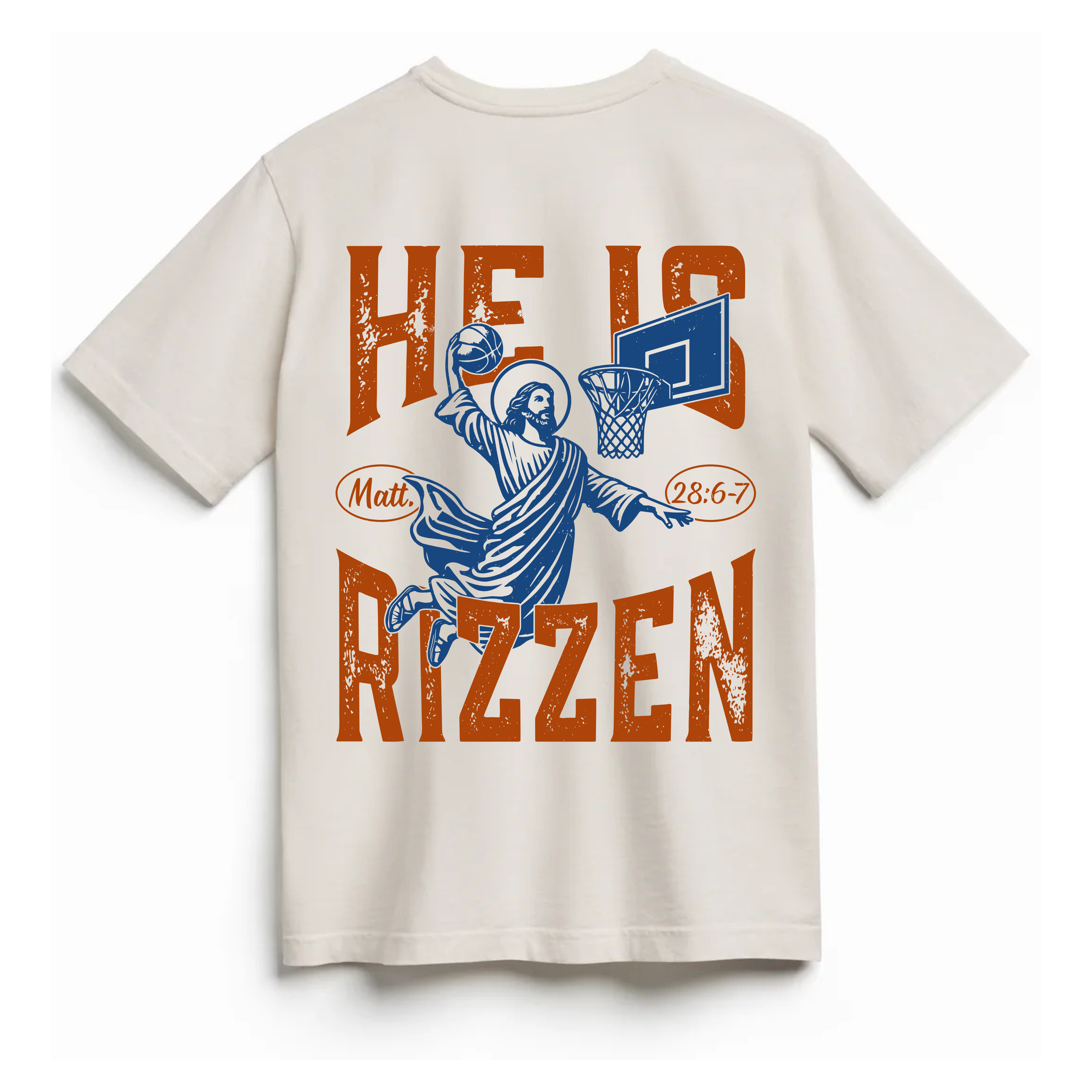Back view of a Christian t-shirt featuring 'He Is Rizz-en' with Jesus dunking a basketball, inspired by Matthew 28:6-7.
