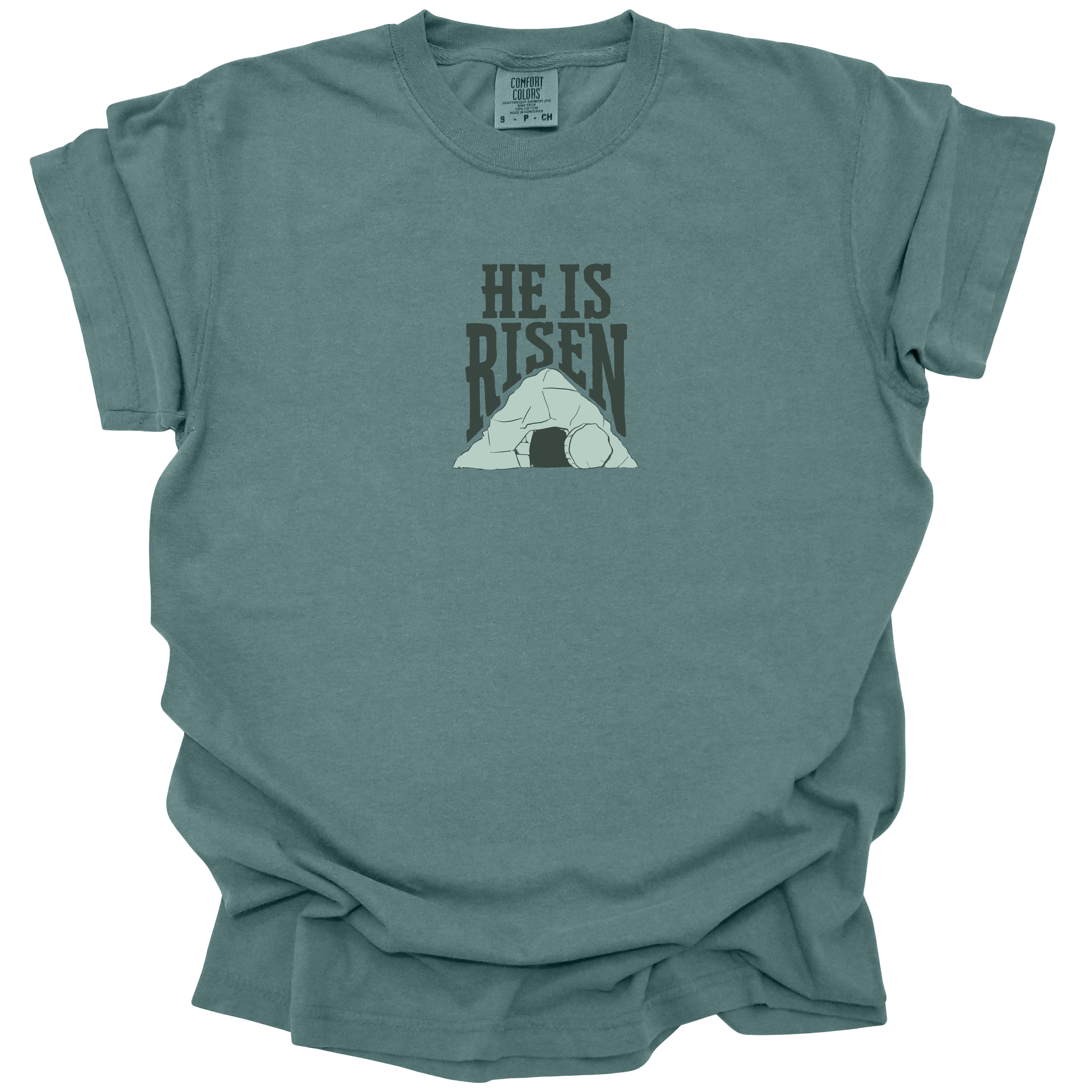 Rolling Stones Tee in Willow featuring "He Is Risen" on the front and "Rolling Stones Since 33 A.D." on the back, inspired by the resurrection of Jesus. Oversized, unisex fit on a soft, pre-shrunk cotton tee.