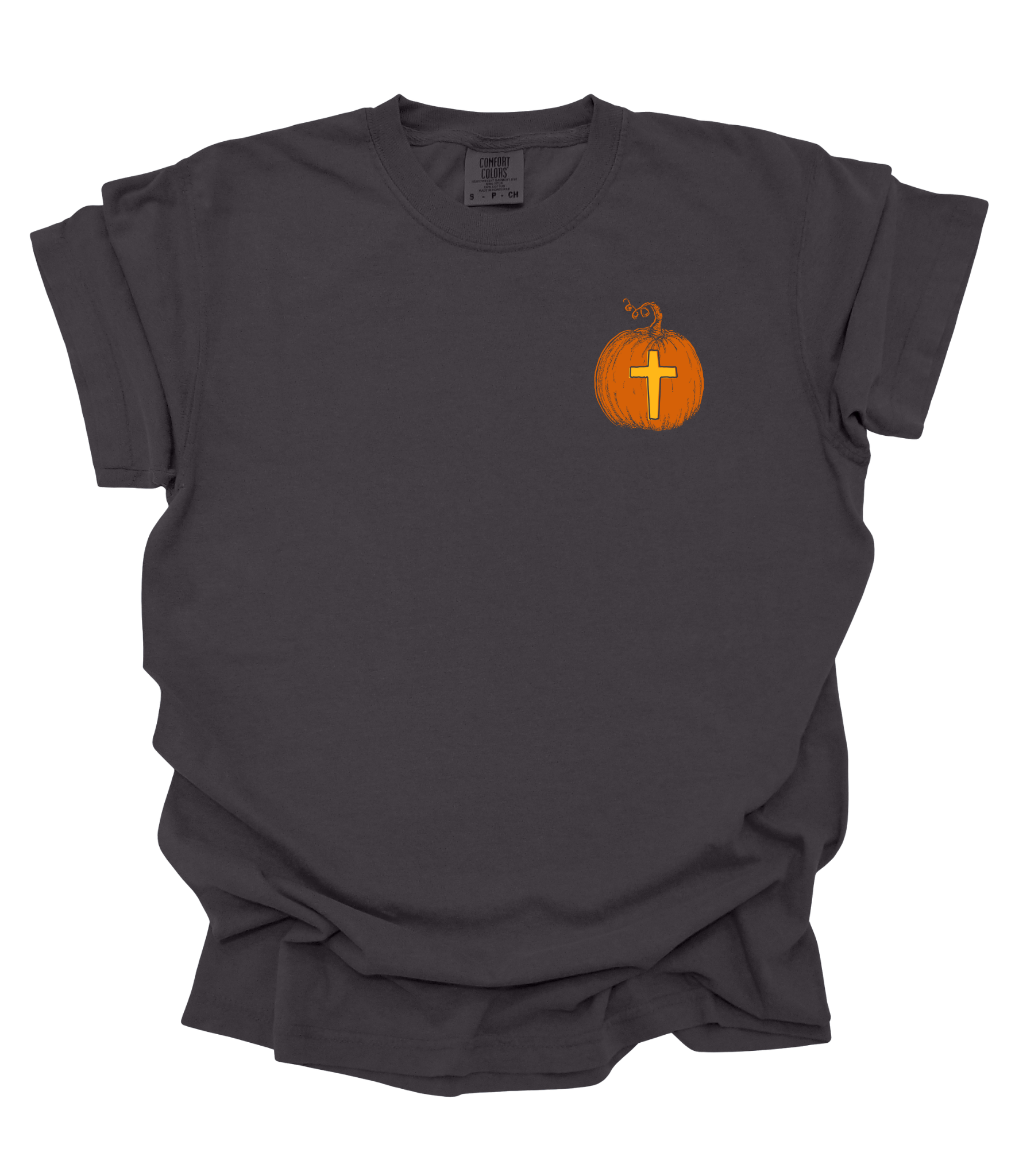 He Is the Light Christian Tee Front – Pumpkin with Cross Design