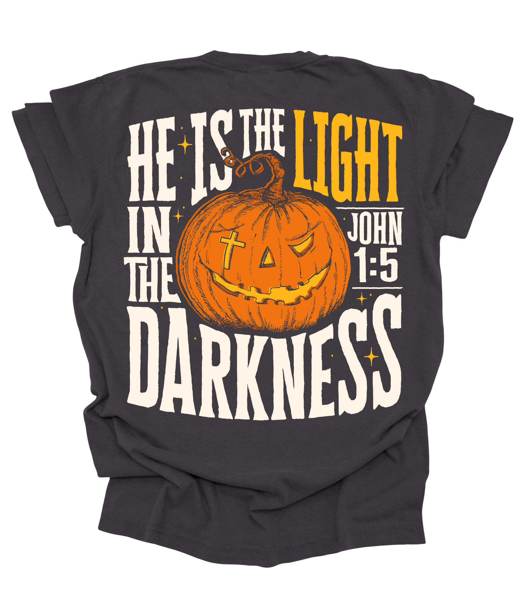 He Is the Light Christian Shirt Back – John 1:5 Pumpkin Graphic Gospel Conversation Starter