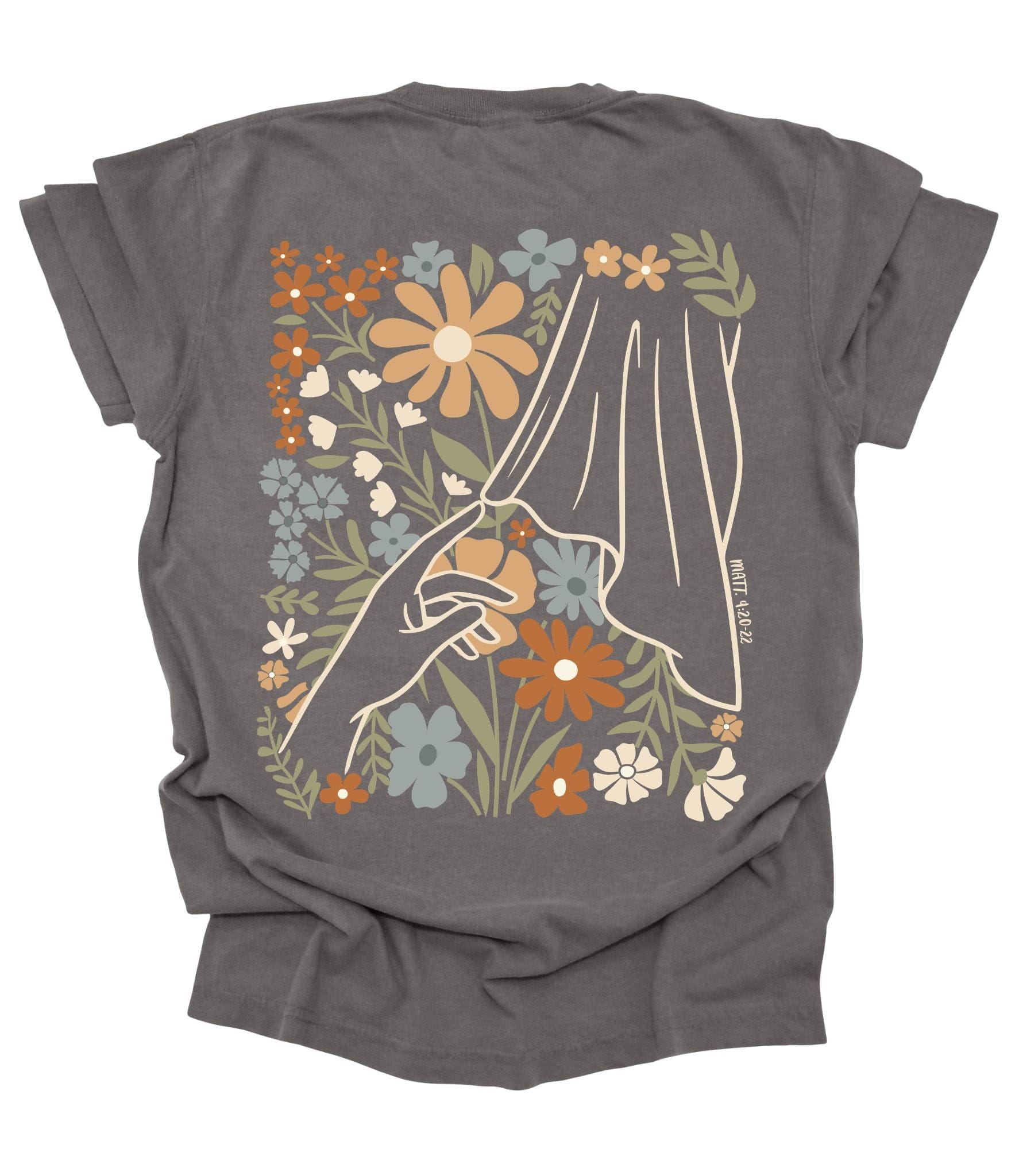 Back view of the unisex Hem of His Garment tee by MADE BY YEN in pepper color, showcasing fabric and design details.