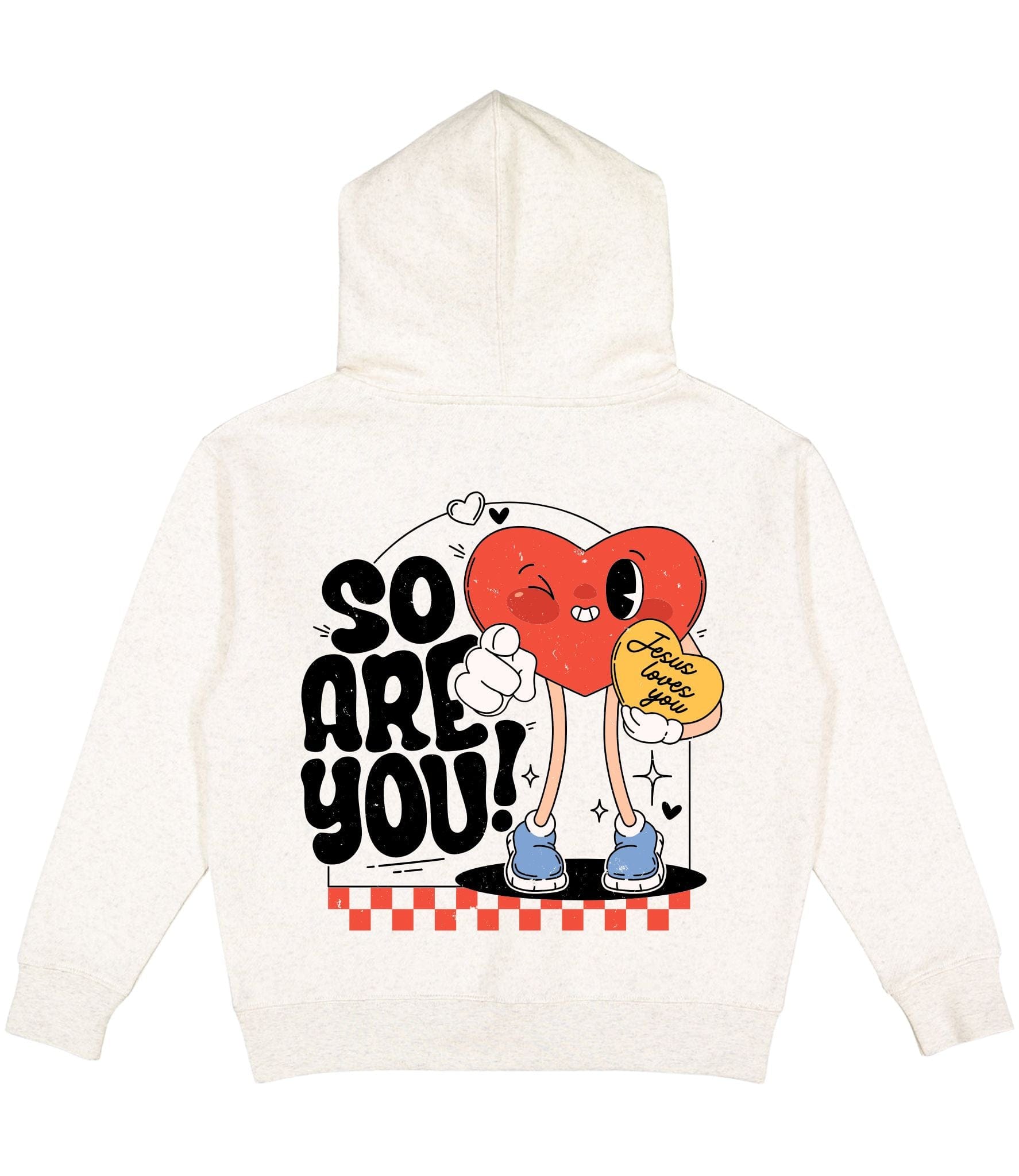 White hoodie with cartoon heart design and text on a white background