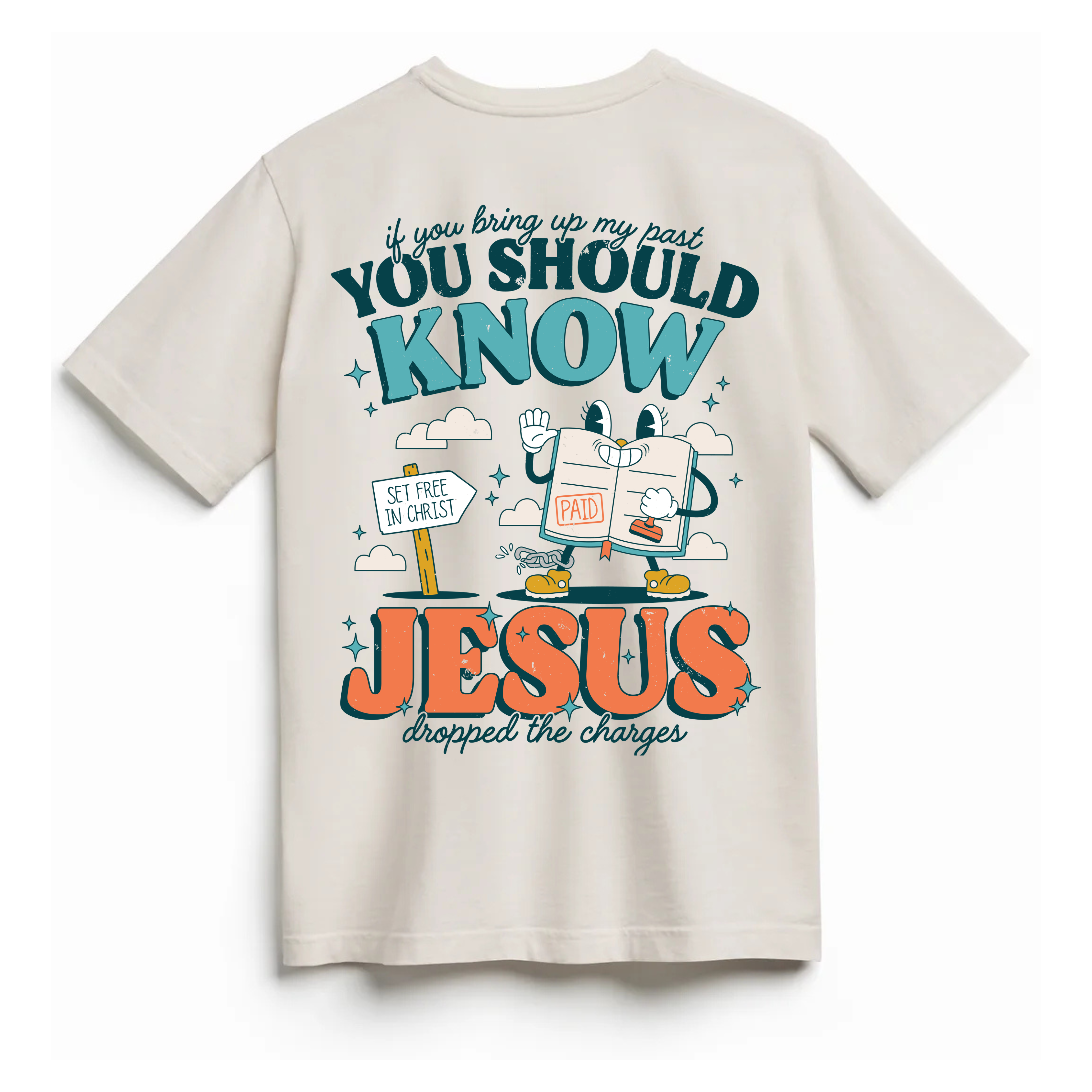 Back view of a Christian t-shirt featuring a playful receipt character with ‘PAID’ and the message 'Jesus Dropped the Charges.
