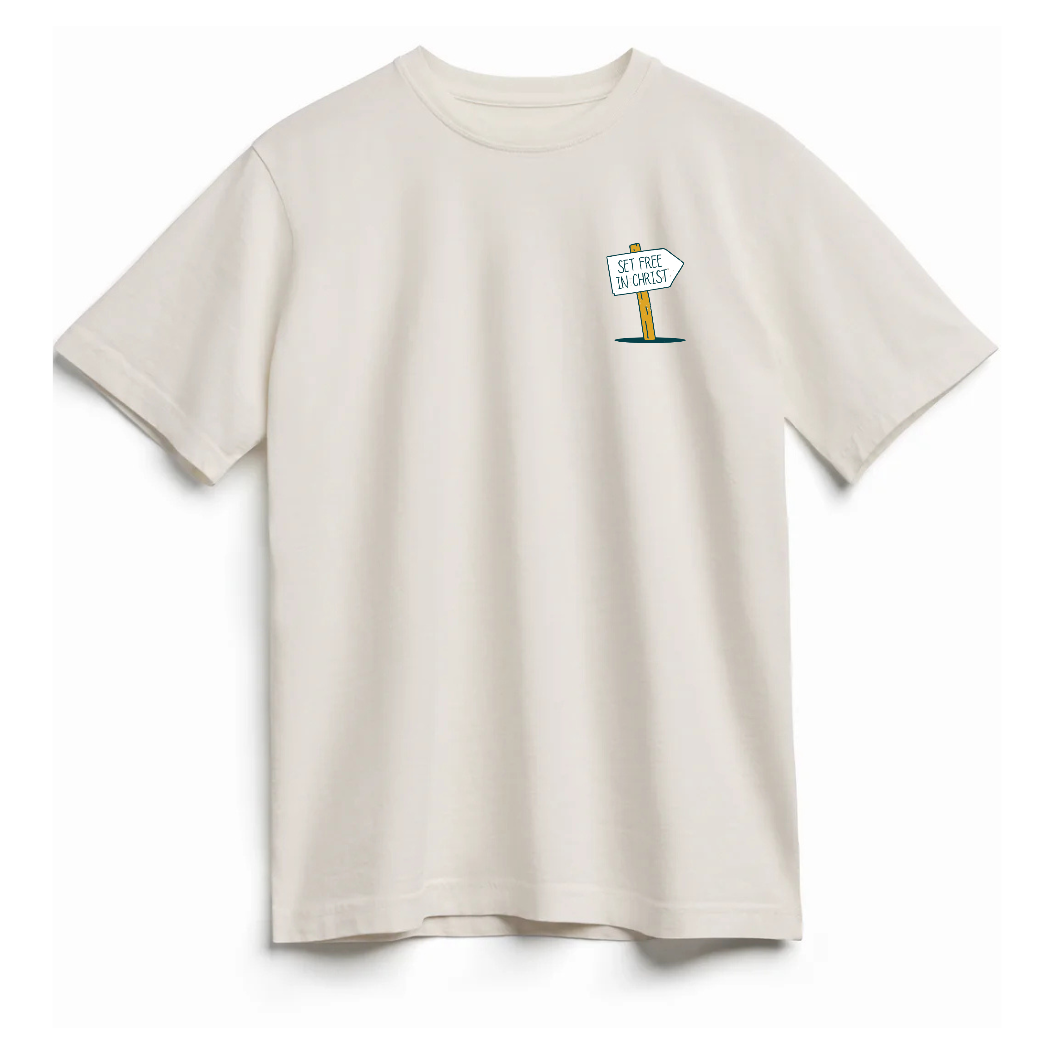 Front view of a natural-colored Christian t-shirt with a 'Set Free in Christ' sign on the chest."
