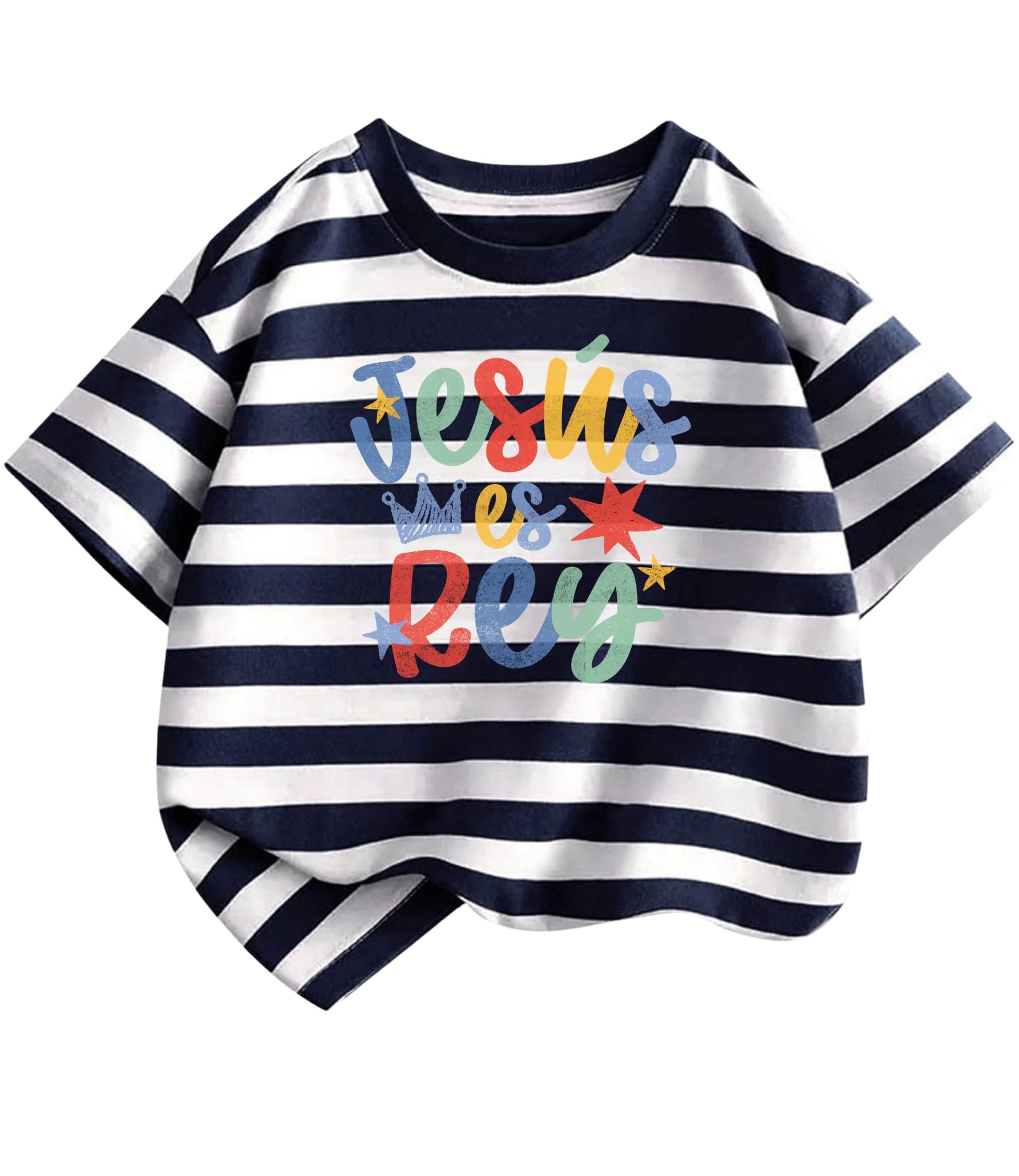 Navy striped Jesus is King kids T-shirt by MADE BY YEN featuring Spanish Christian design for children.