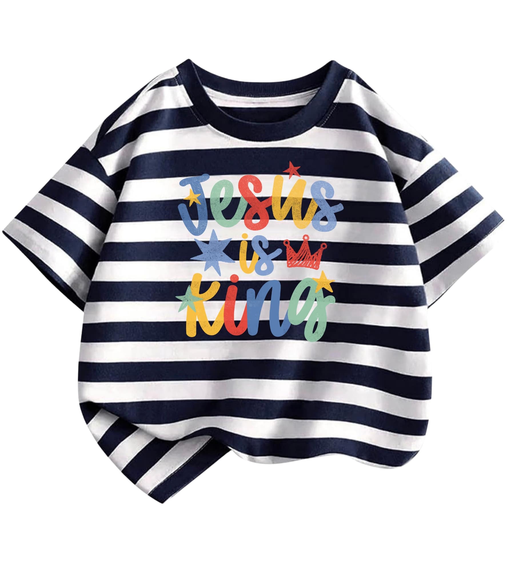 Navy striped unisex kids' t-shirt featuring a Jesus Is King graphic by MADE BY YEN, casual Christian kids' apparel.