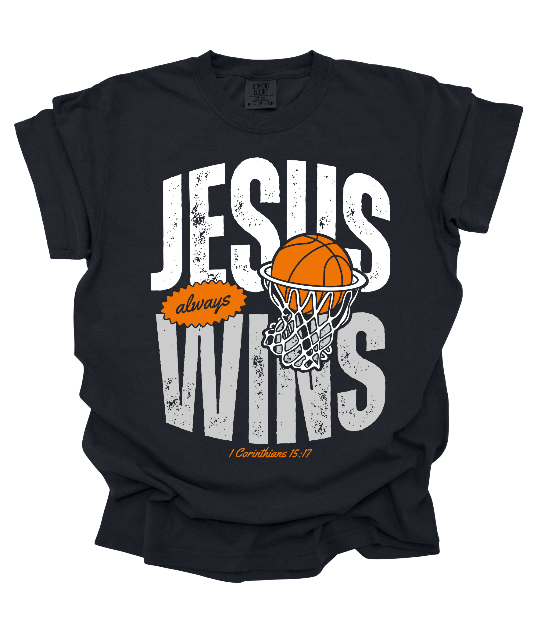 Jesus Always Wins Christian Tee – Basketball Hoop Graphic – Black
