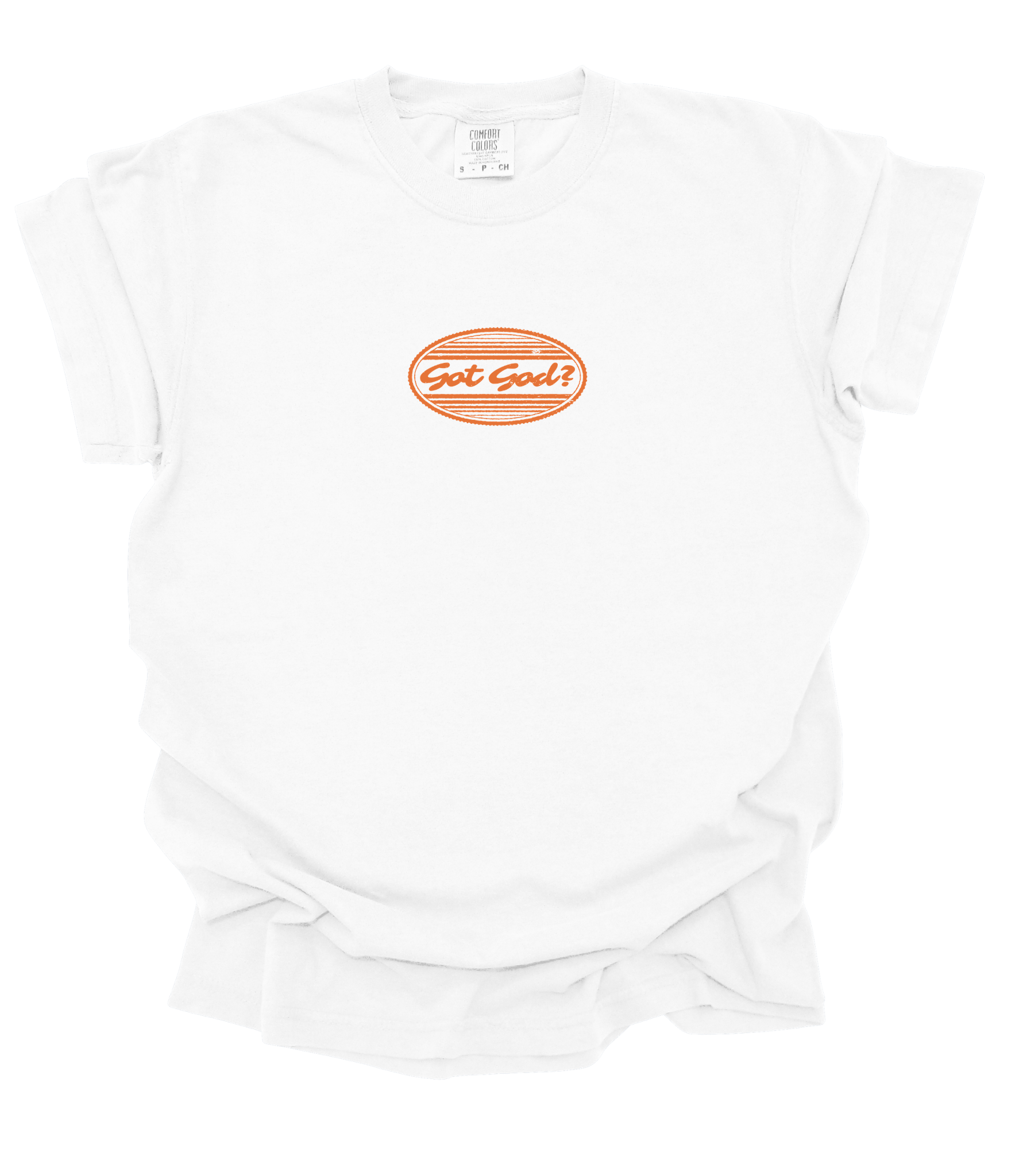 A white short-sleeve t-shirt with a distressed orange oval graphic on the chest that reads 'Got God?'. The t-shirt is shown against a solid dark green background.