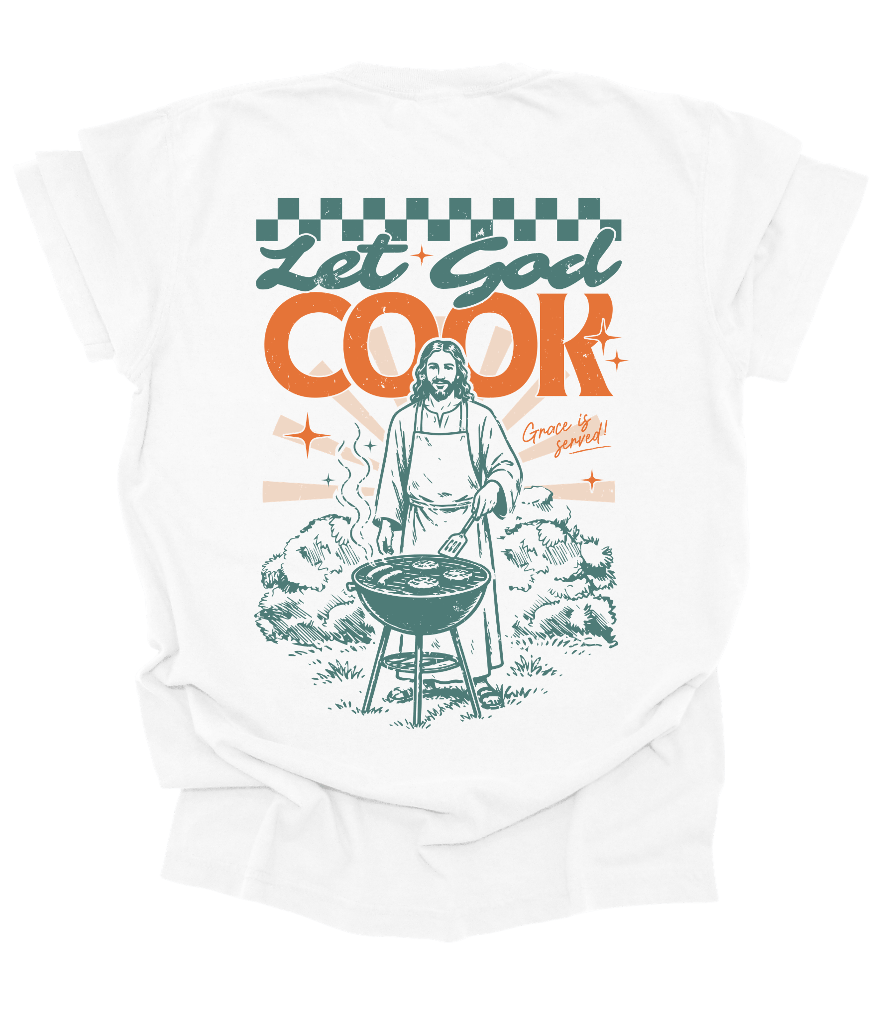 A white short-sleeve t-shirt with a graphic print on the front, displayed against a solid dark green background. The graphic features the text 'Let God COOK' in teal and orange retro lettering, with an illustration of Jesus cooking on a grill.