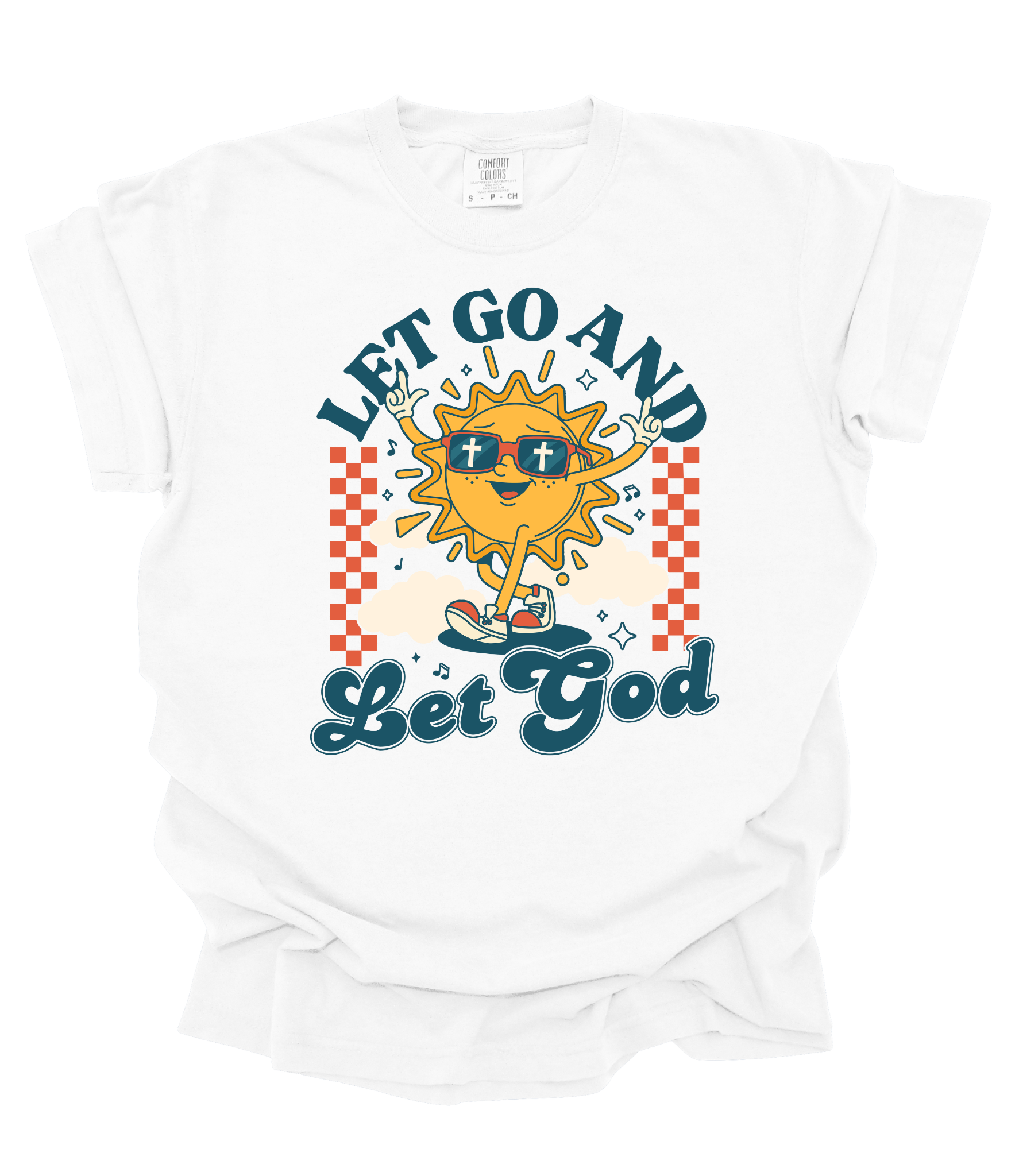 White t-shirt with a sun graphic and 'Let Go and Let God' text on a white background