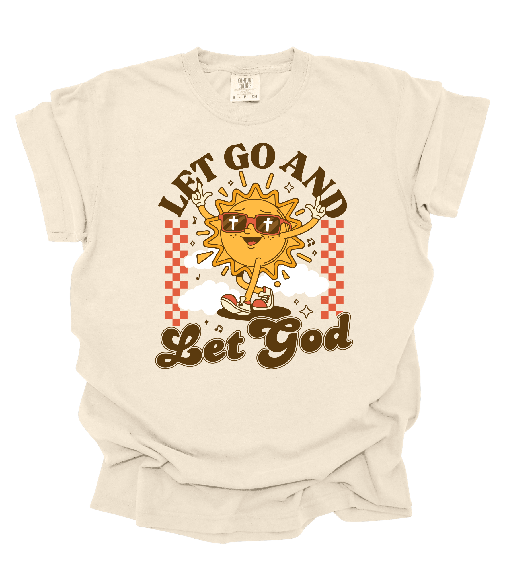 Beige t-shirt with a sun graphic and 'Let Go and Let God' text on a white background