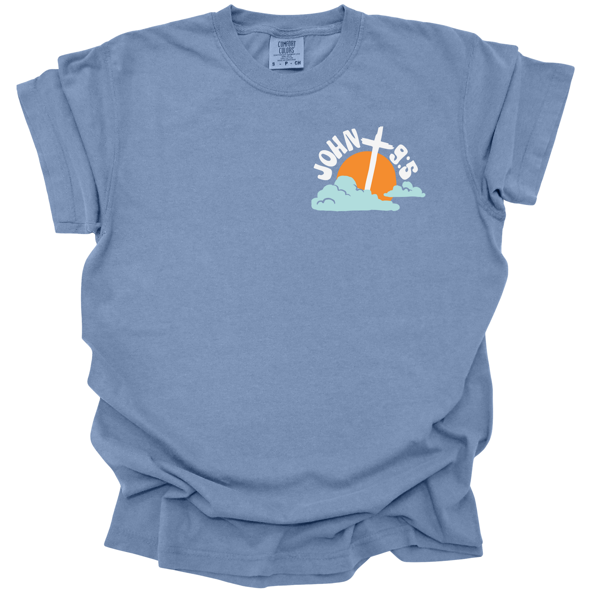 Washed Denim t-shirt with a small sunrise and cross graphic, featuring the text "John 9:5" in white and orange.