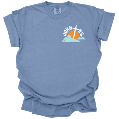 Washed Denim t-shirt with a small sunrise and cross graphic, featuring the text "John 9:5" in white and orange.