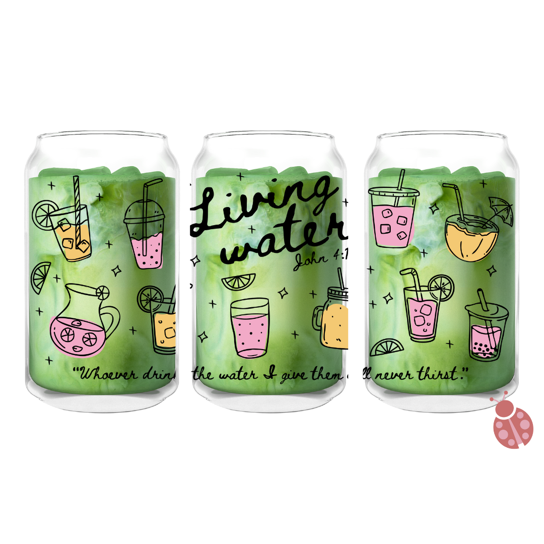 16 oz glass can featuring colorful drink doodles and the verse John 4:14, "Whoever drinks the water I give them will never thirst