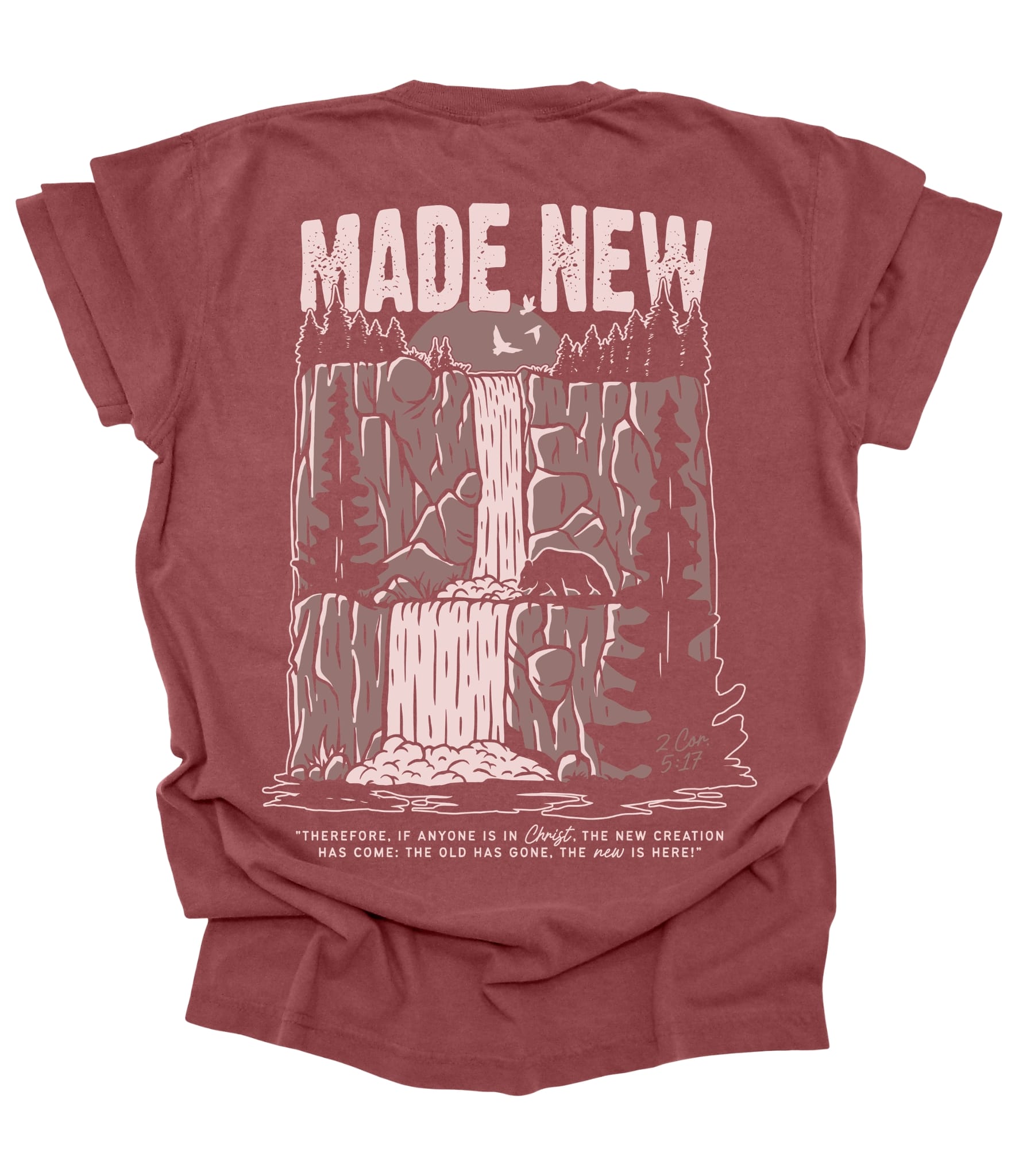 Back view of MADE BY YEN Made New in Christ T-shirt featuring 2 Corinthians 5:17 quote on a unisex adult tee.