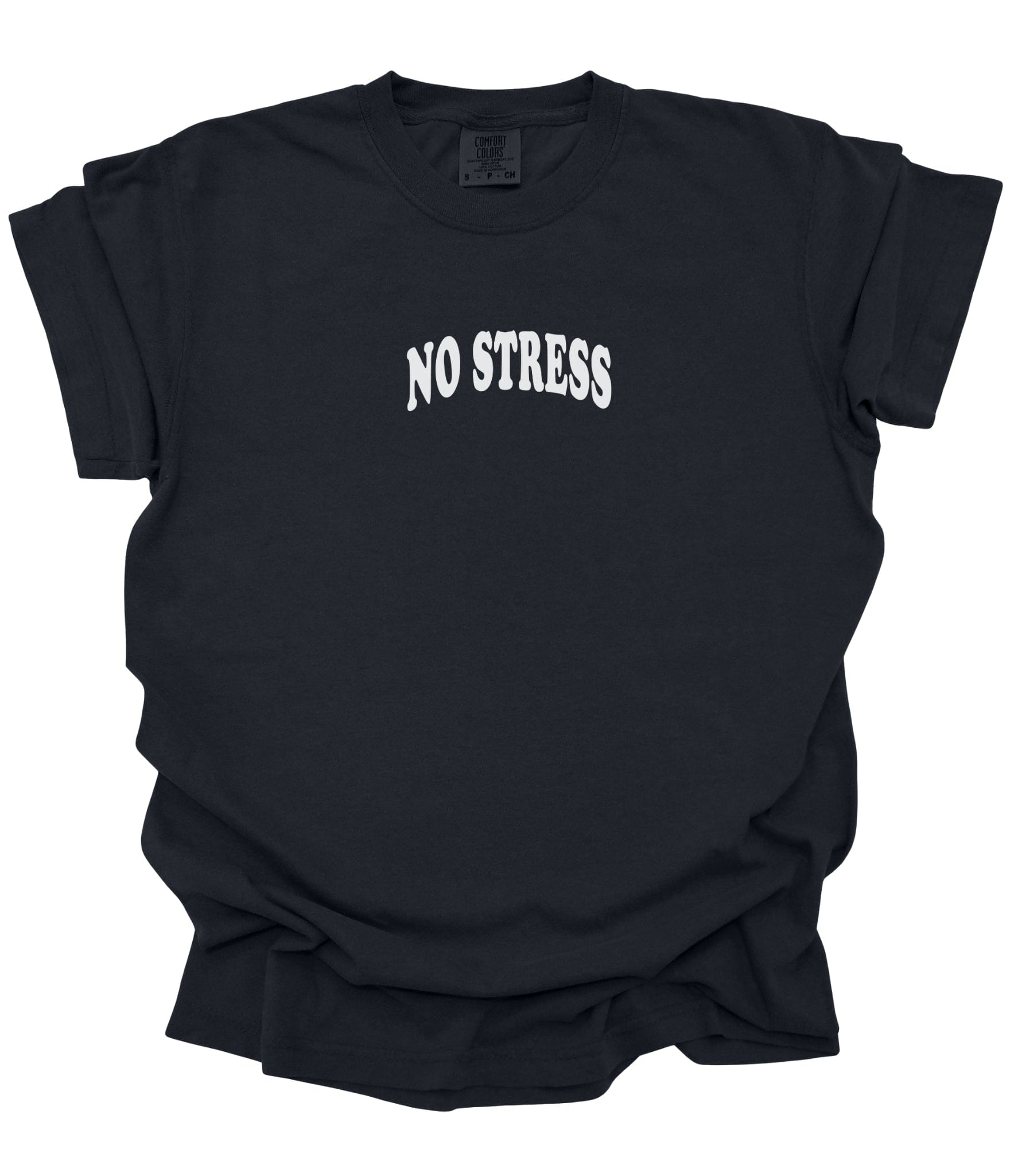 Faith-based Christian graphic tee with “No Stress” front text and bold prayer silhouette back design featuring encouraging scripture-inspired phrases on black, ivory, and ice blue shirts.