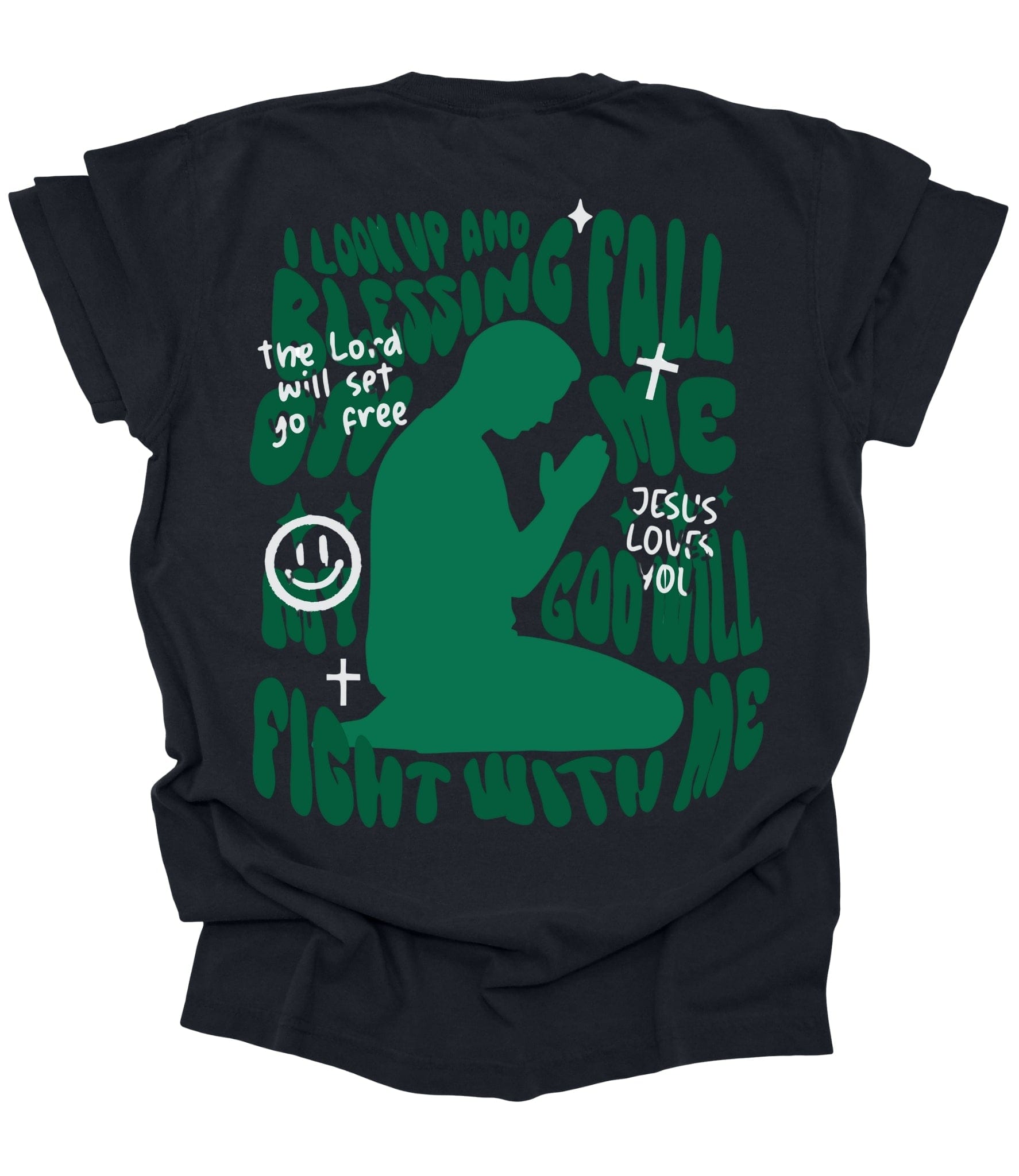 Faith-based Christian graphic tee with “No Stress” front text and bold prayer silhouette back design featuring encouraging scripture-inspired phrases on black, ivory, and ice blue shirts.