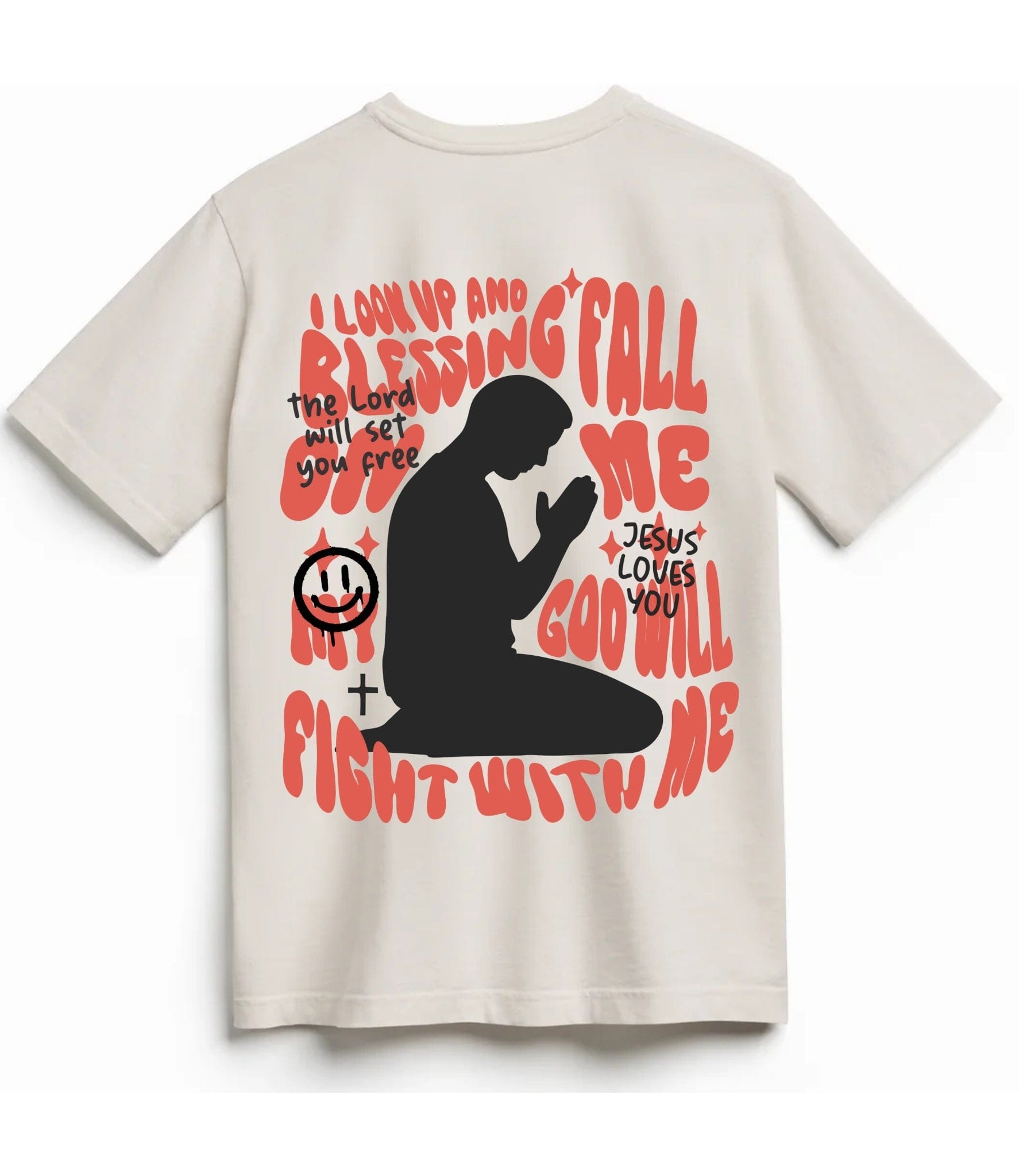 Faith-based Christian graphic tee with “No Stress” front text and bold prayer silhouette back design featuring encouraging scripture-inspired phrases on black, ivory, and ice blue shirts.