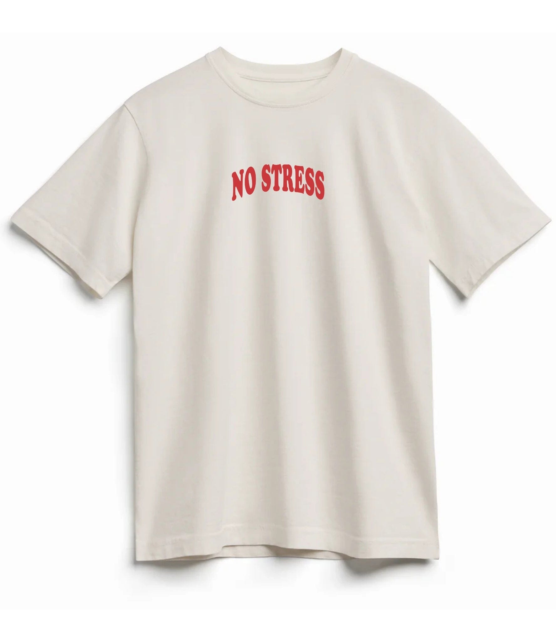 Faith-based Christian graphic tee with “No Stress” front text and bold prayer silhouette back design featuring encouraging scripture-inspired phrases on black, ivory, and ice blue shirts.