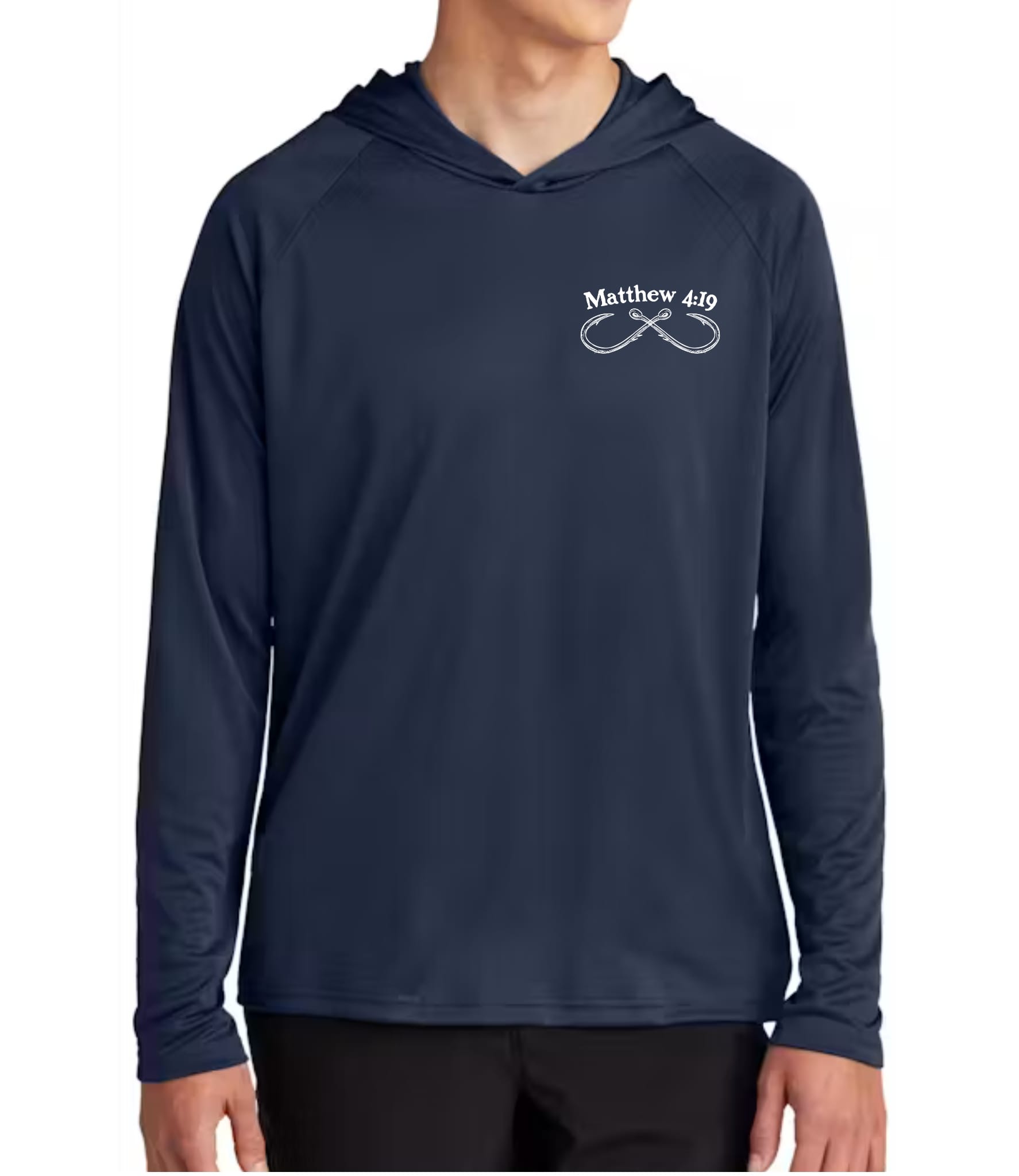 Fishers of Men Performance Hooded Tee in True Navy featuring a Matthew 4:19 fish hook chest graphic.