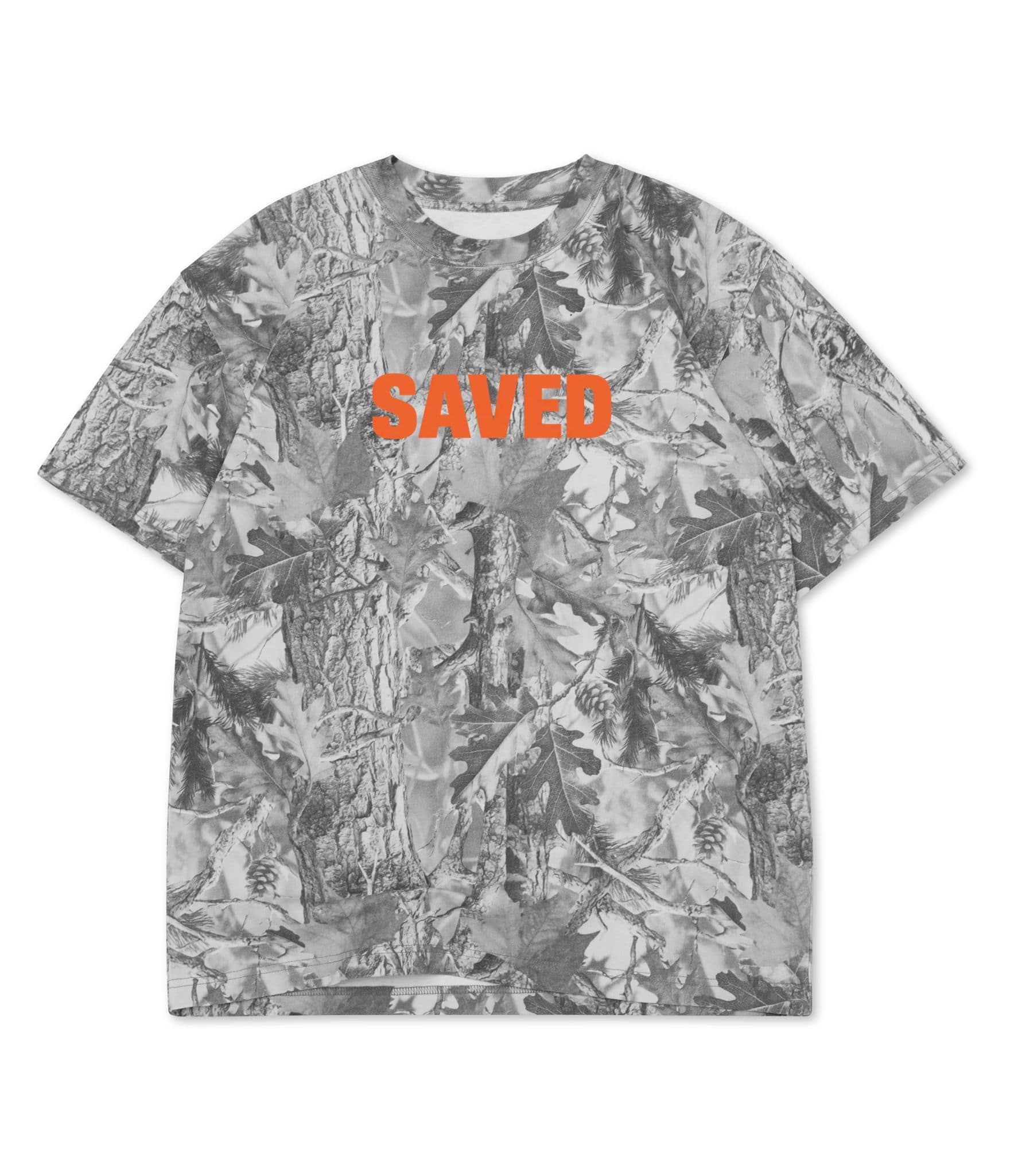 Vintage grey camouflage Christian t-shirt featuring a raised orange puff ink "Saved" graphic centered on the chest.