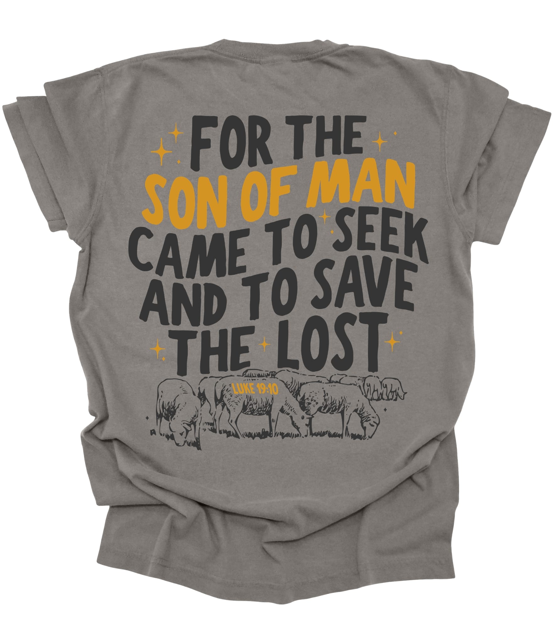 Unisex grey Christian T-shirt with Luke 19:10 quote, made by MADE BY YEN, featuring a comfortable design for adults.