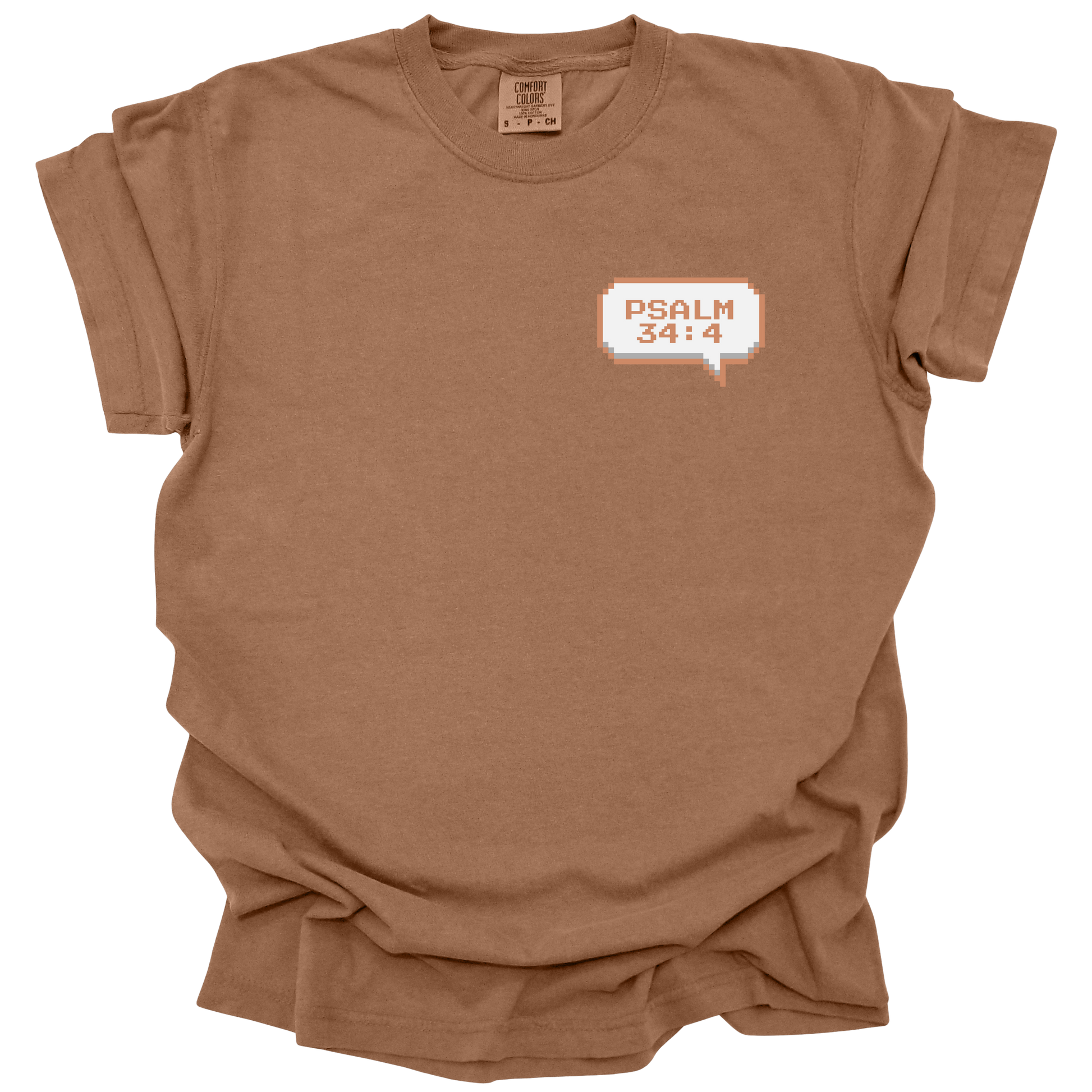 Brown-colored t-shirt with a small 8-bit speech bubble that reads "Psalm 34:4" in retro pixel font.