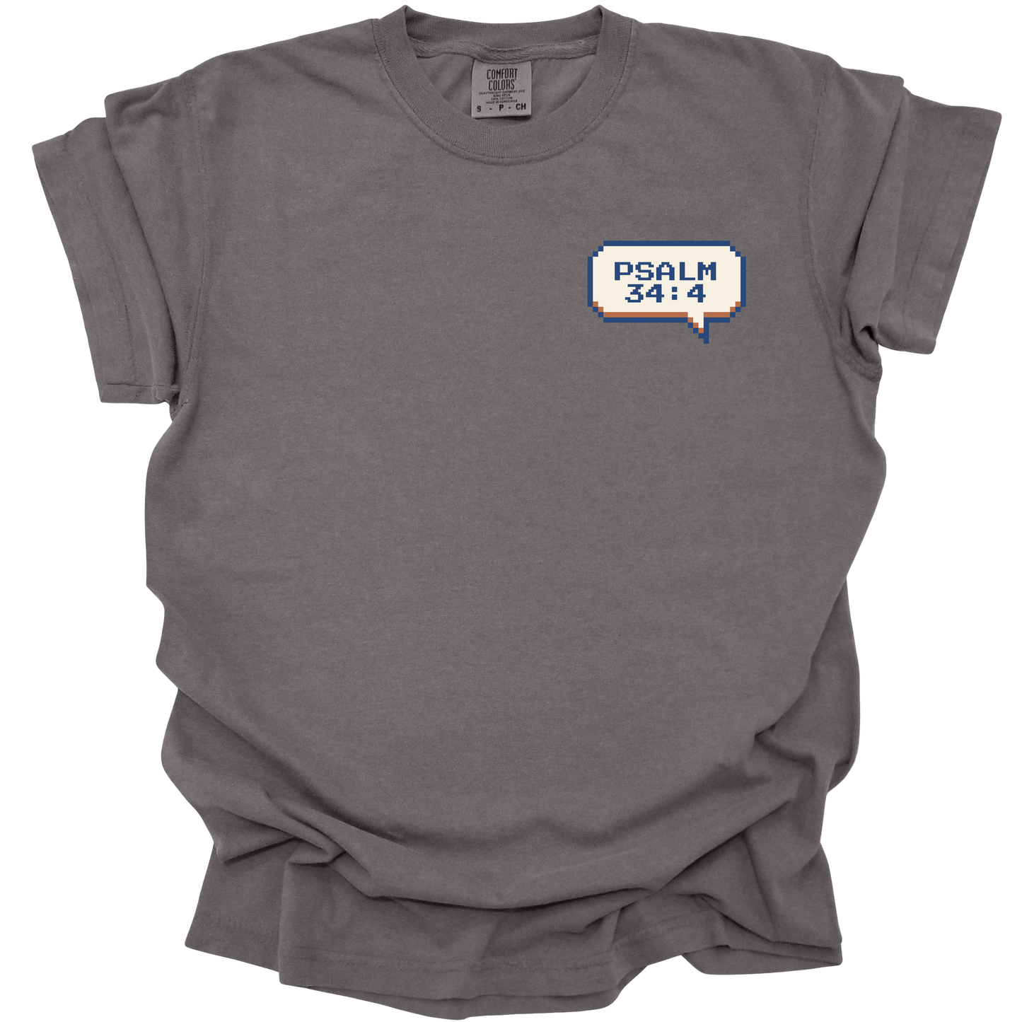 Pepper-colored t-shirt with a small 8-bit speech bubble that reads "Psalm 34:4" in retro pixel font.

