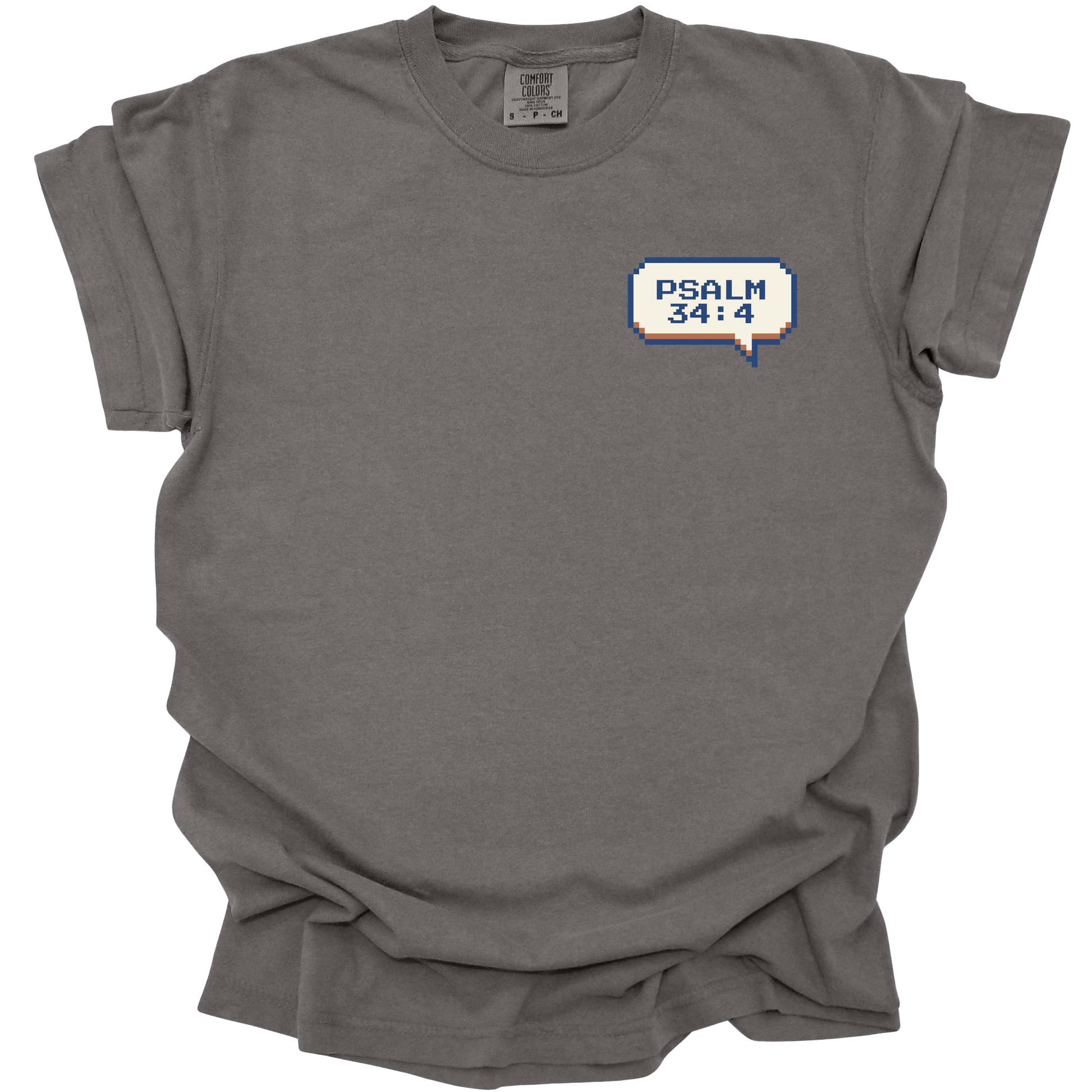 Pepper-colored t-shirt with a small 8-bit speech bubble that reads "Psalm 34:4" in retro pixel font.

