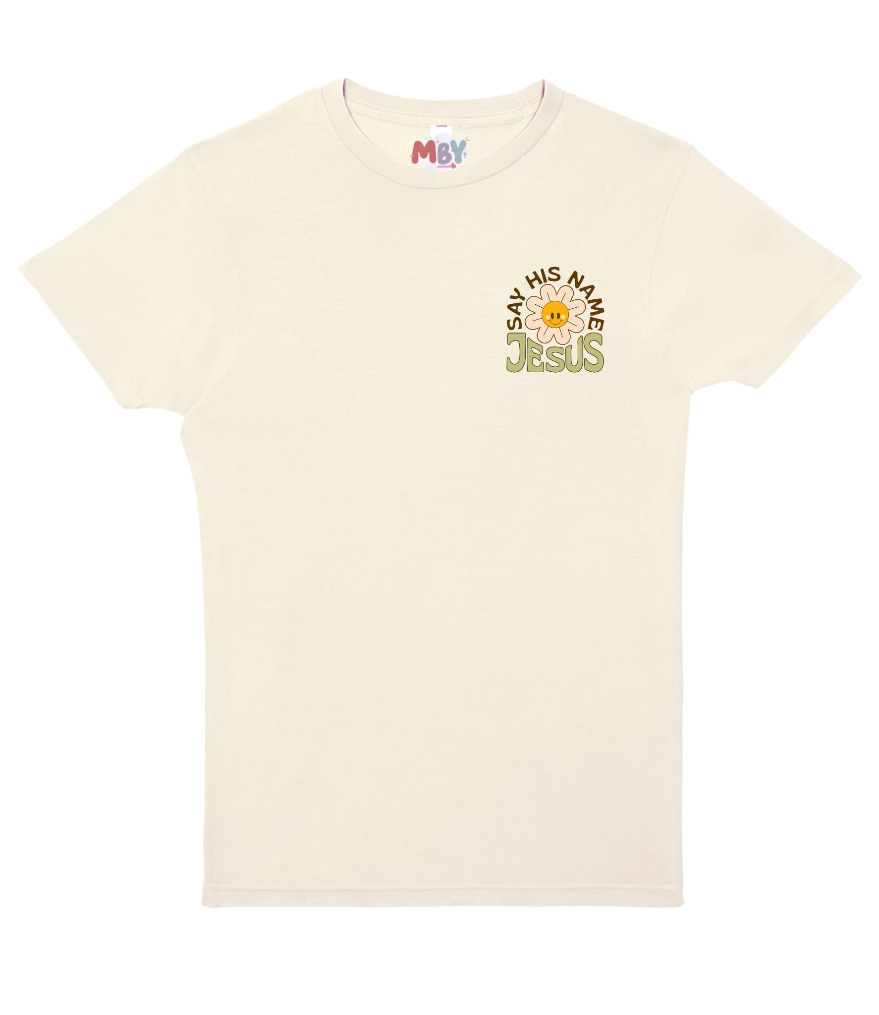Cream unisex Christian tee featuring "There Is Power in the Name of Jesus" design, made by MADE BY YEN, vintage ivory front view.