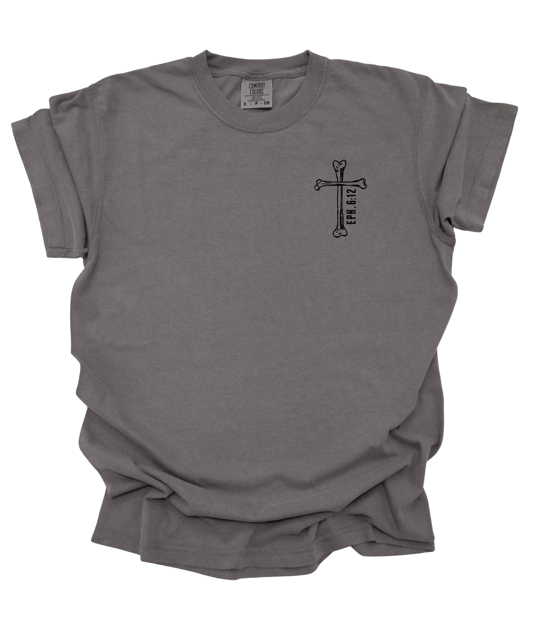 Gray t-shirt with a black cross design on a white background