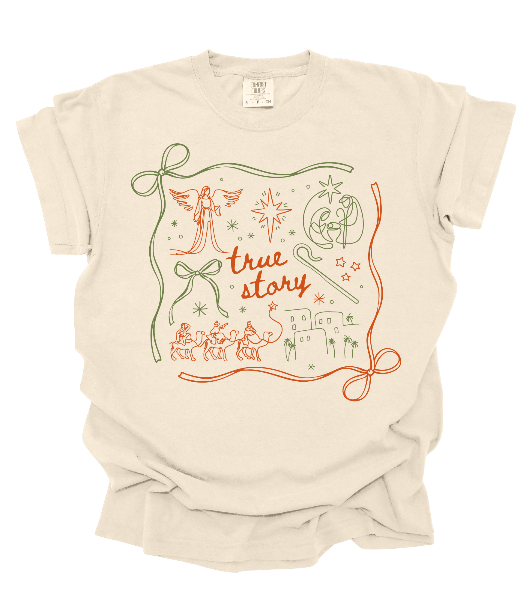 True Story Christian Christmas Tee – Ivory Comfort Colors Nativity Shirt
“Christian Nativity Shirt with Angels and Wise Men – True Story Faith Tee by Made by Yen