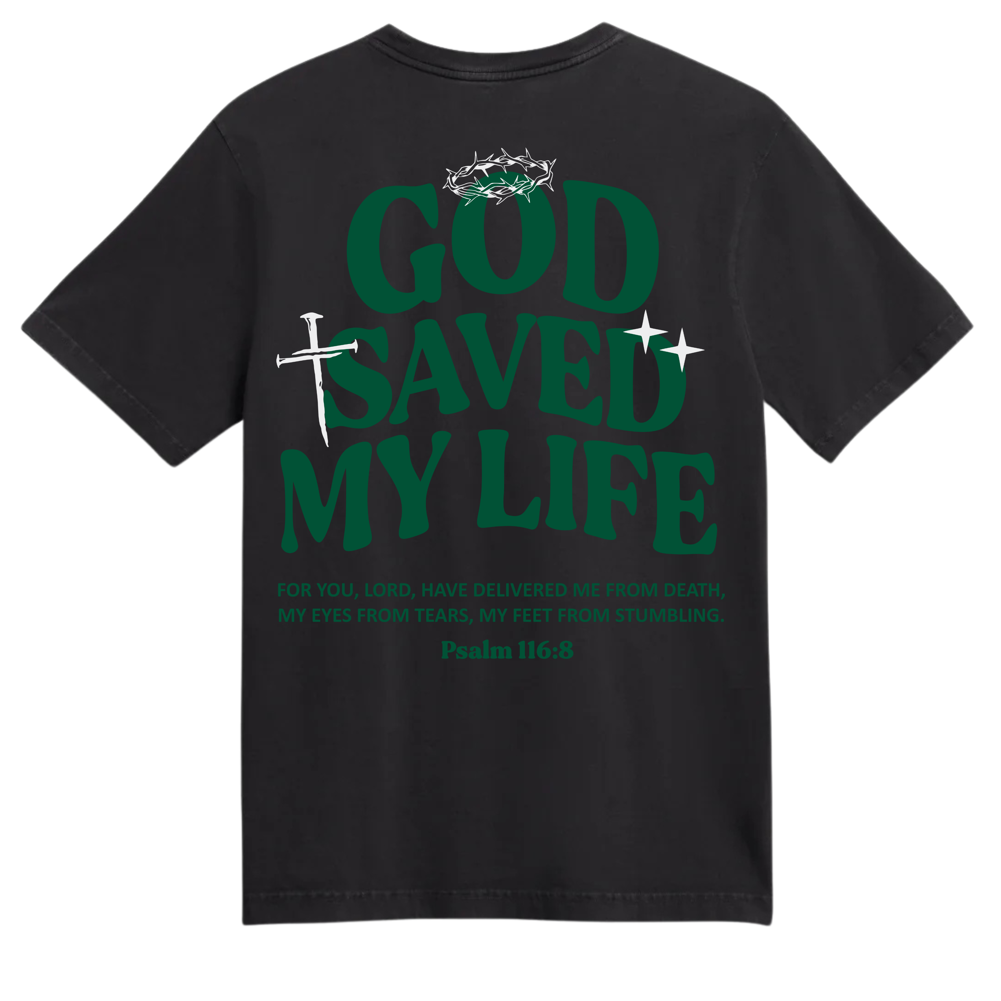 Walking Testimony Tee in Black featuring "Walking Testimony" on the front and "God Saved My Life" with Psalm 116:8 on the back. Oversized, unisex fit on a soft, pre-shrunk cotton tee.
