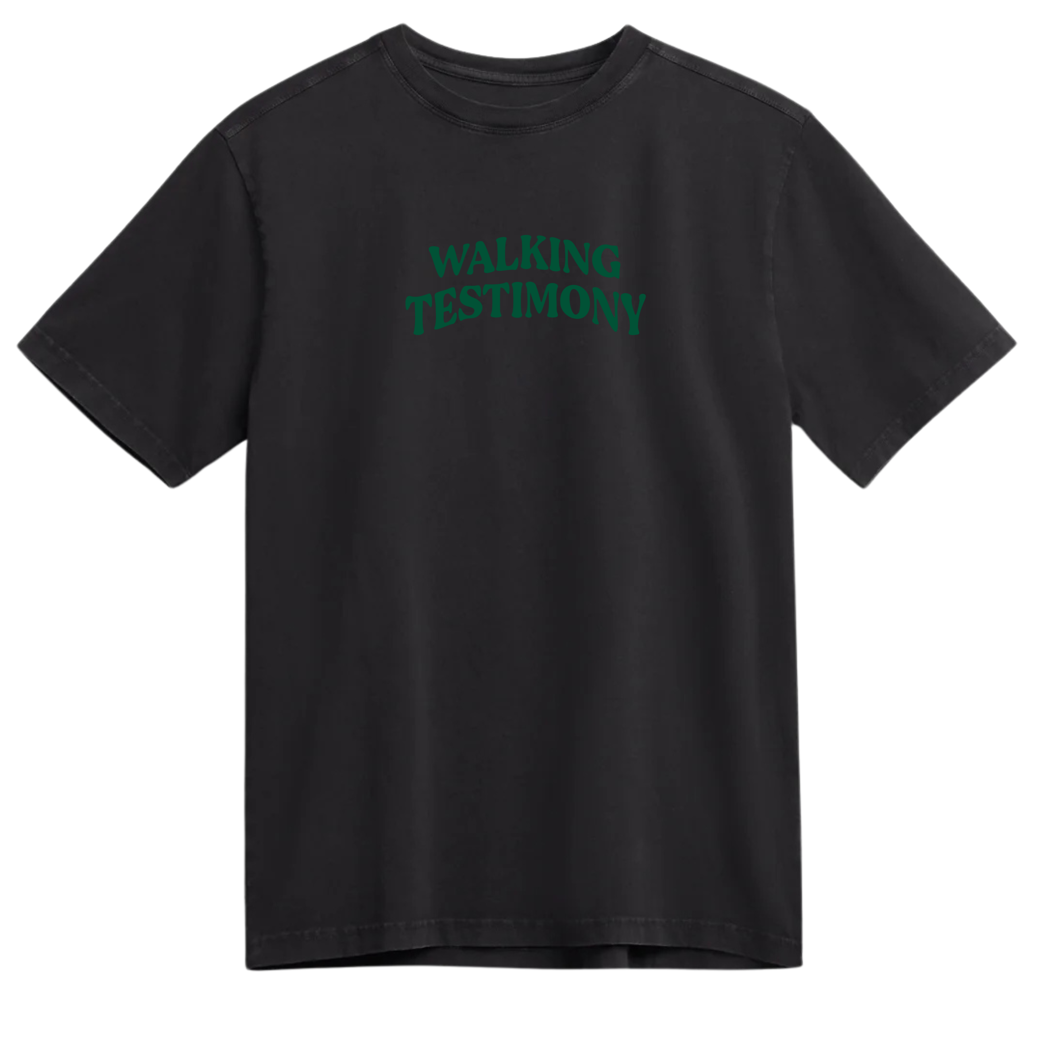 Walking Testimony Tee in Black featuring "Walking Testimony" on the front and "God Saved My Life" with Psalm 116:8 on the back. Oversized, unisex fit on a soft, pre-shrunk cotton tee.