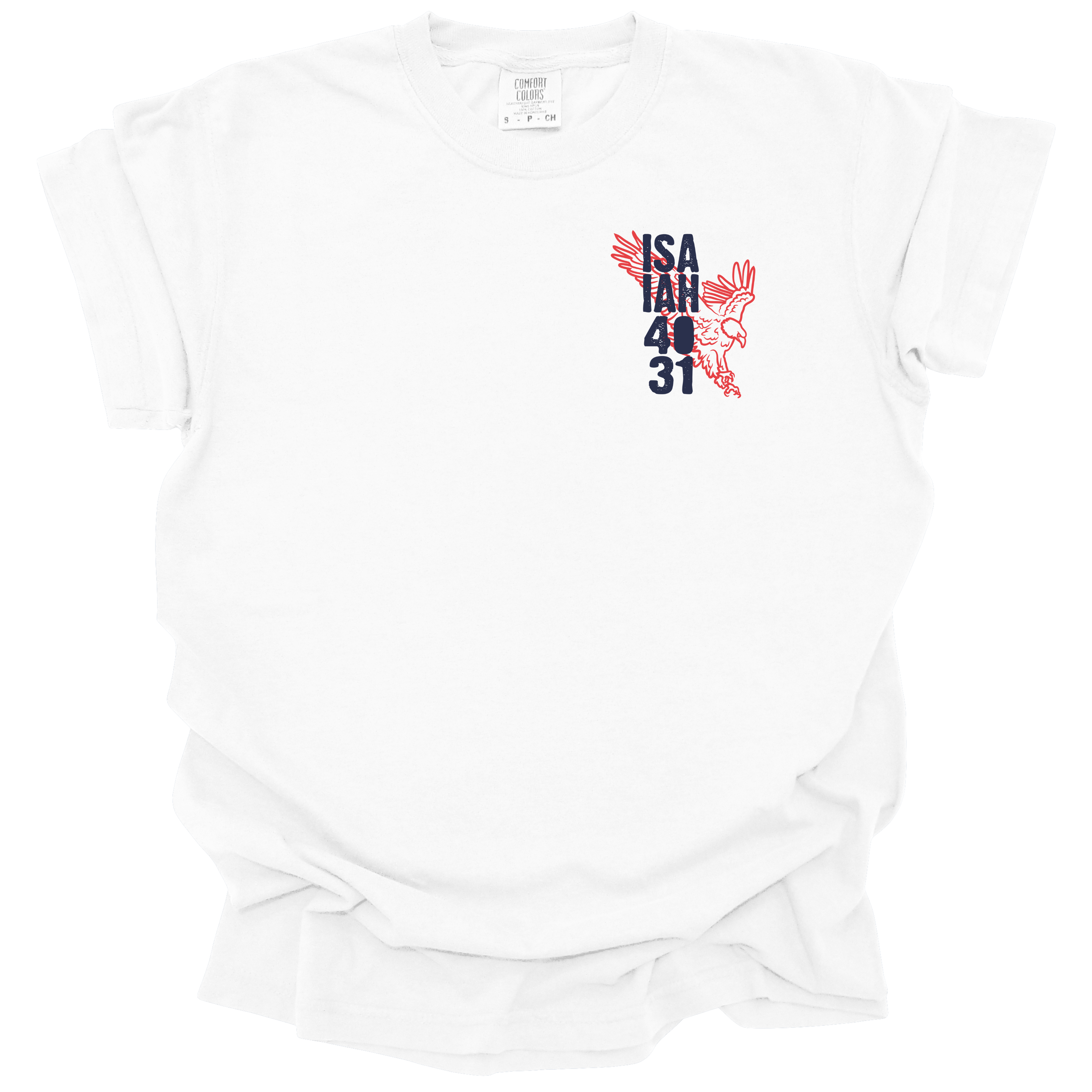 White t-shirt with a small eagle illustration and the text "Isaiah 40:31" in bold navy and red.