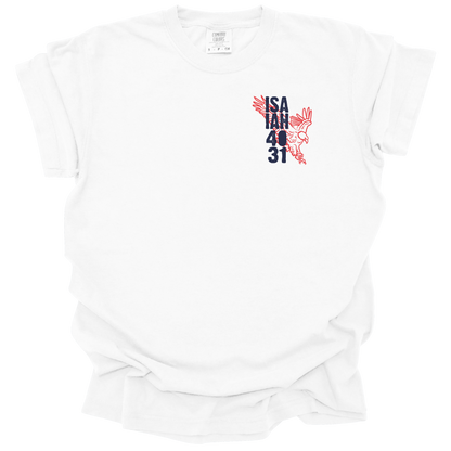 White t-shirt with a small eagle illustration and the text "Isaiah 40:31" in bold navy and red.