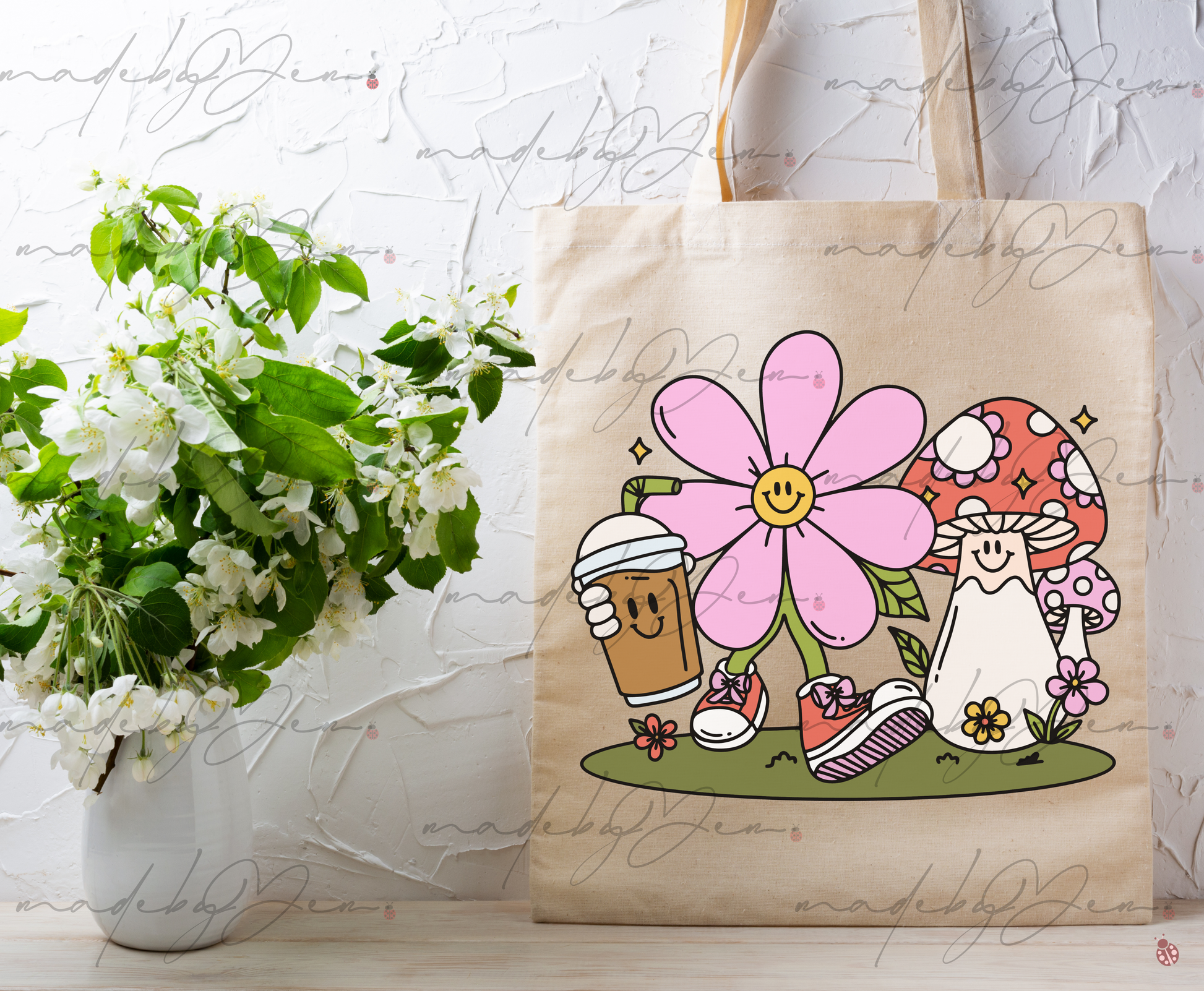 Coffee & flower Mushrooms - MADE BY YENCoffee and Flower Mushrooms Tote Bag featuring a whimsical design with coffee motifs, flowers, and mushrooms. Spacious and durable faith-inspired tote bag, perfect for groceries, books, or daily errands. Handmade by Made by Yen to combine style, functionality, and a love for nature and faith.