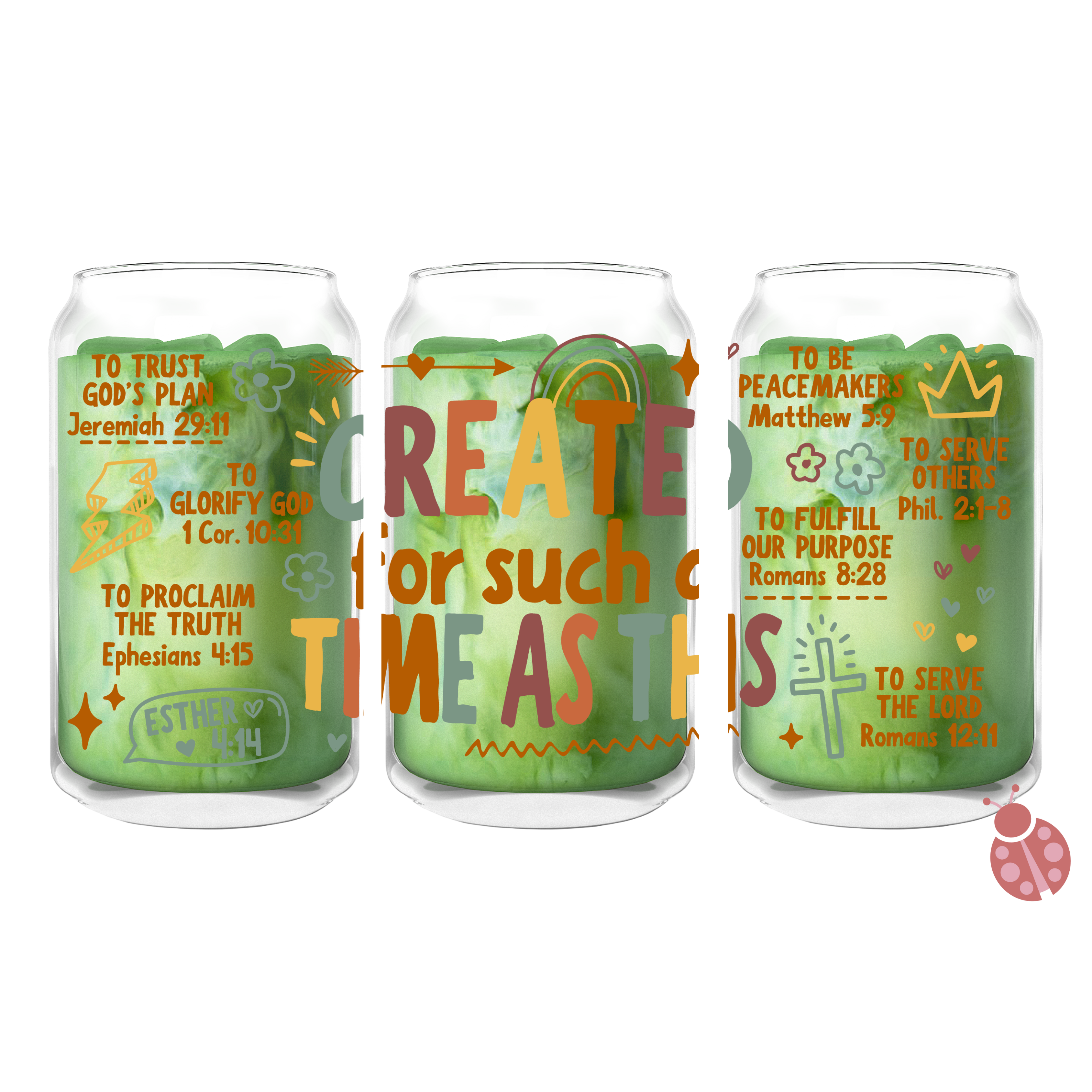 Encouraging Christian glass cup with scripture reminders, hand-drawn illustrations, and a daily dose of faith