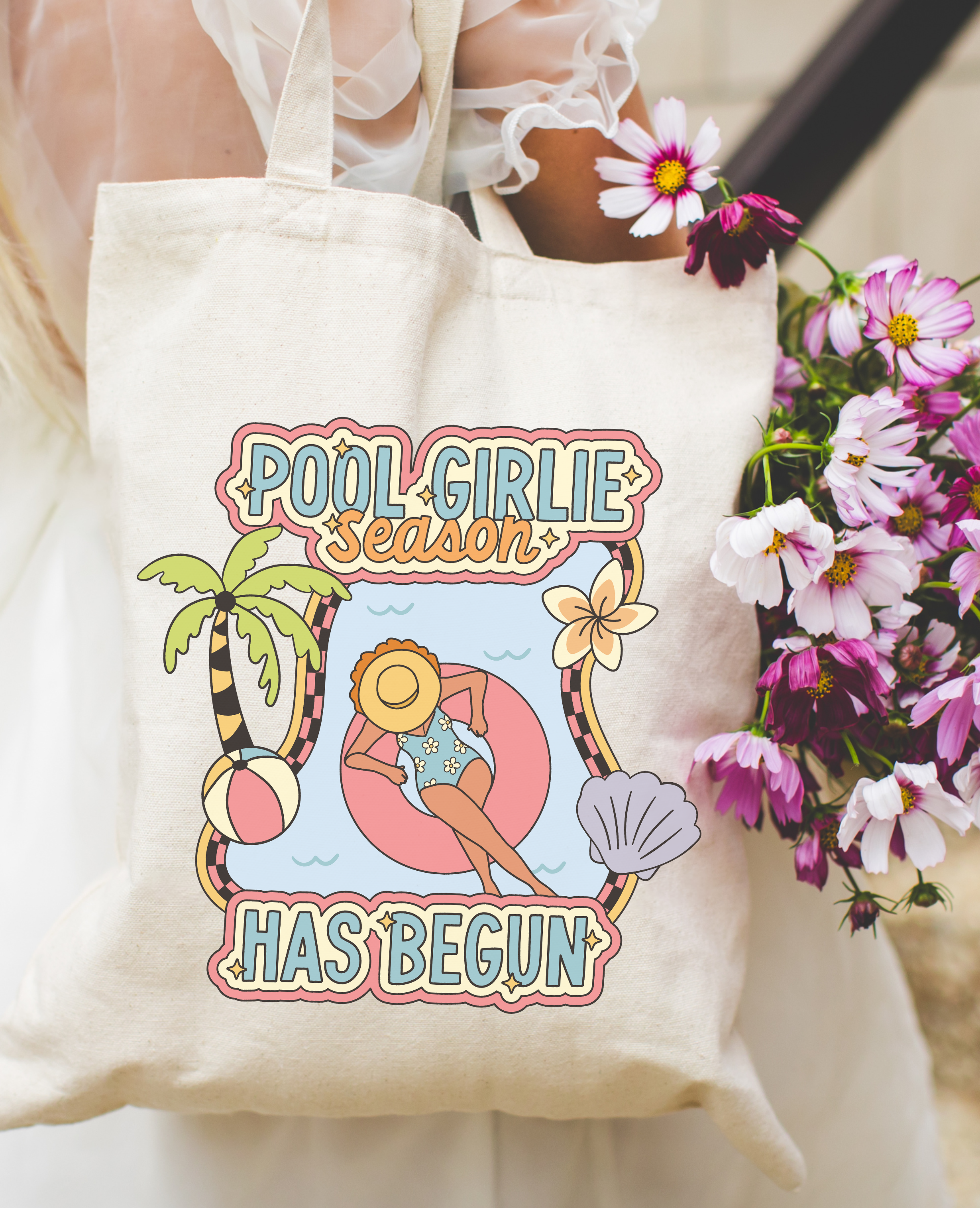 Pool Girlie Season - MADE BY YENPool Girlie Season Tote Bag, an eco-friendly reusable cotton bag perfect for pool days, shopping, farmers' markets, and daily errands. Lightweight, durable, and stylish with reinforced stress points, designed for environmentally-conscious individuals seeking a sustainable summer accessory.