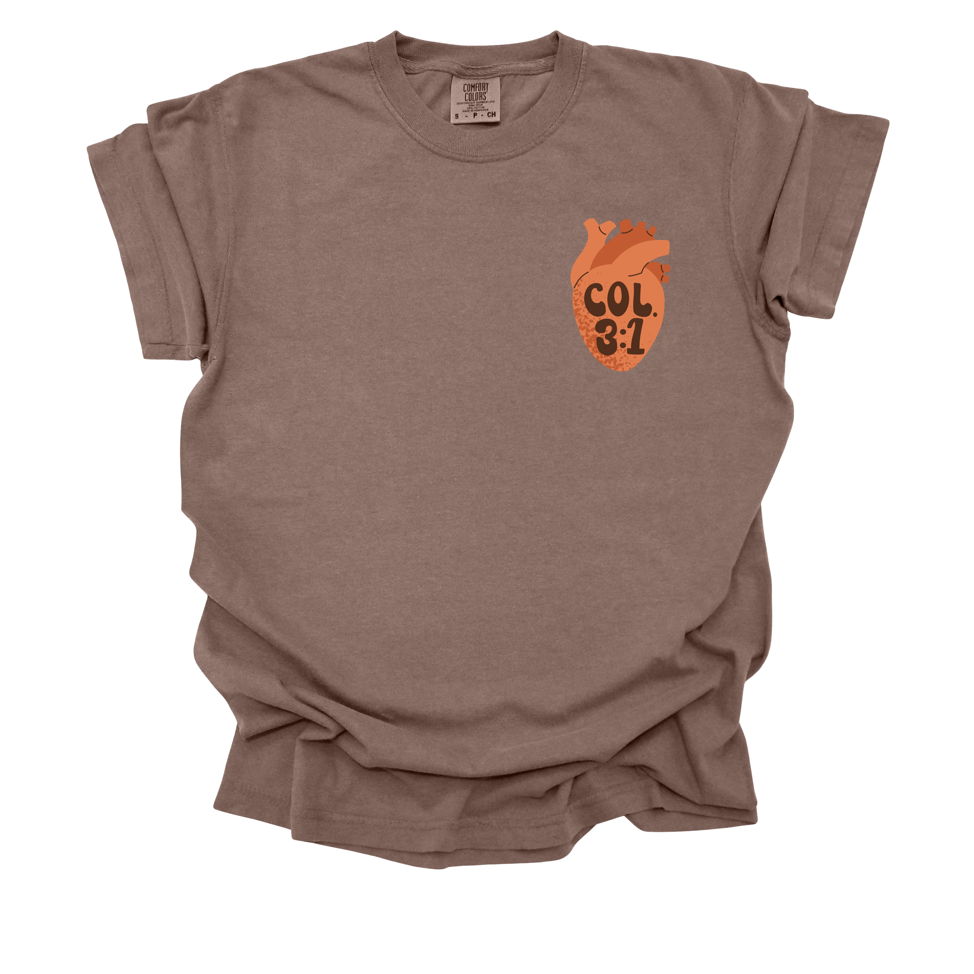 "Front view of a brown Christian t-shirt featuring an anatomical heart with 'Colossians 3:1' text on the chest."
