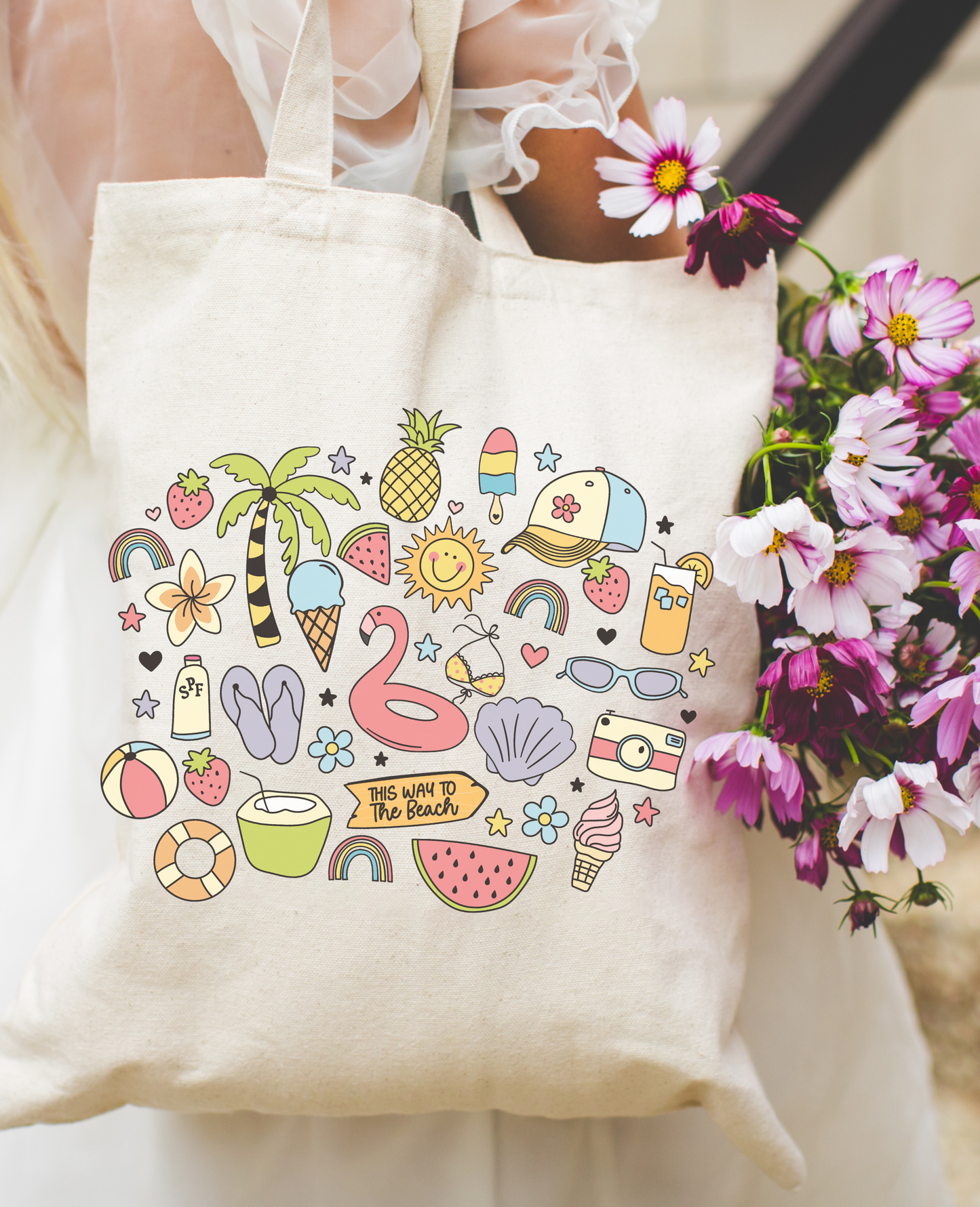 Summer doodles - MADE BY YENSummer Doodles Tote Bag featuring a fun, summer-inspired design. Eco-friendly reusable cotton bag, perfect for the beach, pool, shopping, or daily errands. Lightweight and durable with reinforced stress points, a stylish and sustainable accessory for summer adventures.