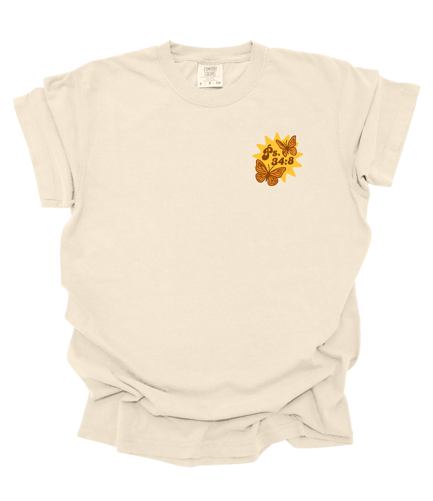 Beige t-shirt with a butterfly graphic and text on a white background