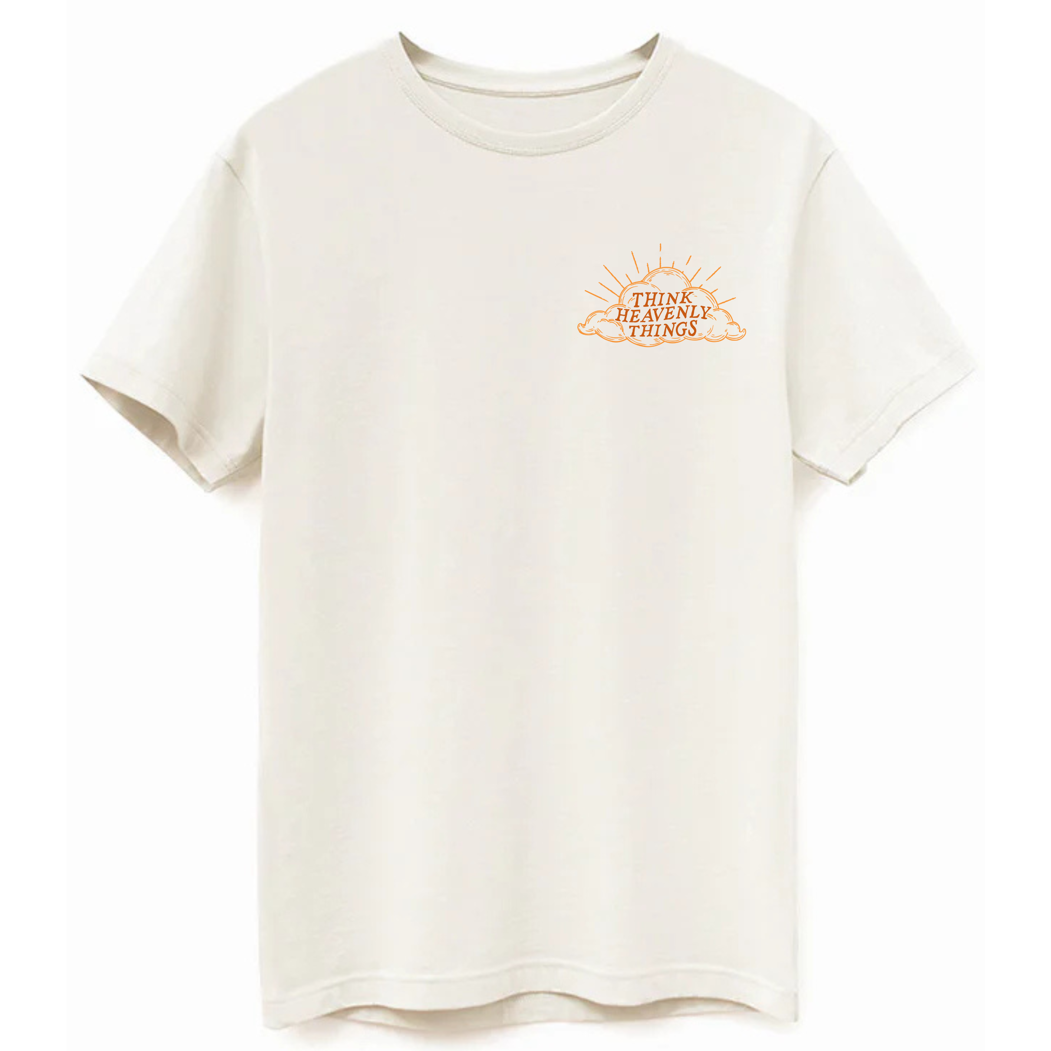 Front view of a natural-colored Christian t-shirt with 'Think Heavenly Things' sunburst design on the chest.