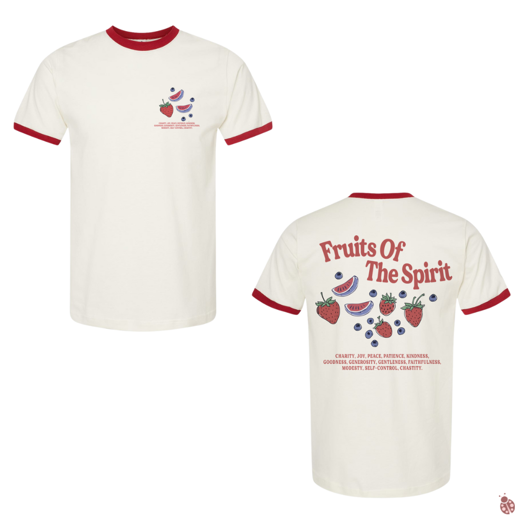 Fruit of the spirit - MADE BY YENVintage White Rio Red Fruit of the Spirit T-Shirt with a bold design inspired by Galatians 5:22-23. Crafted from high-quality fabric, this unisex tee celebrates love, joy, peace, and more. Perfect for worship, Bible studies, or everyday wear to express your faith.