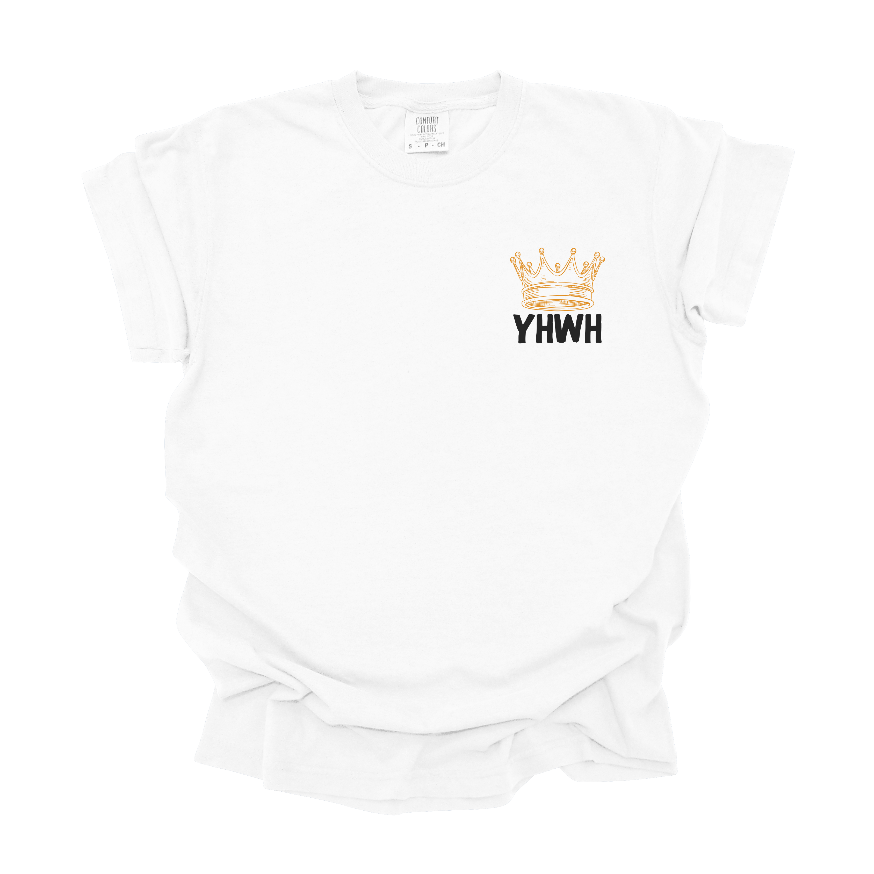 Front view of a white Christian t-shirt with 'YHWH' and a gold crown design on the chest.
